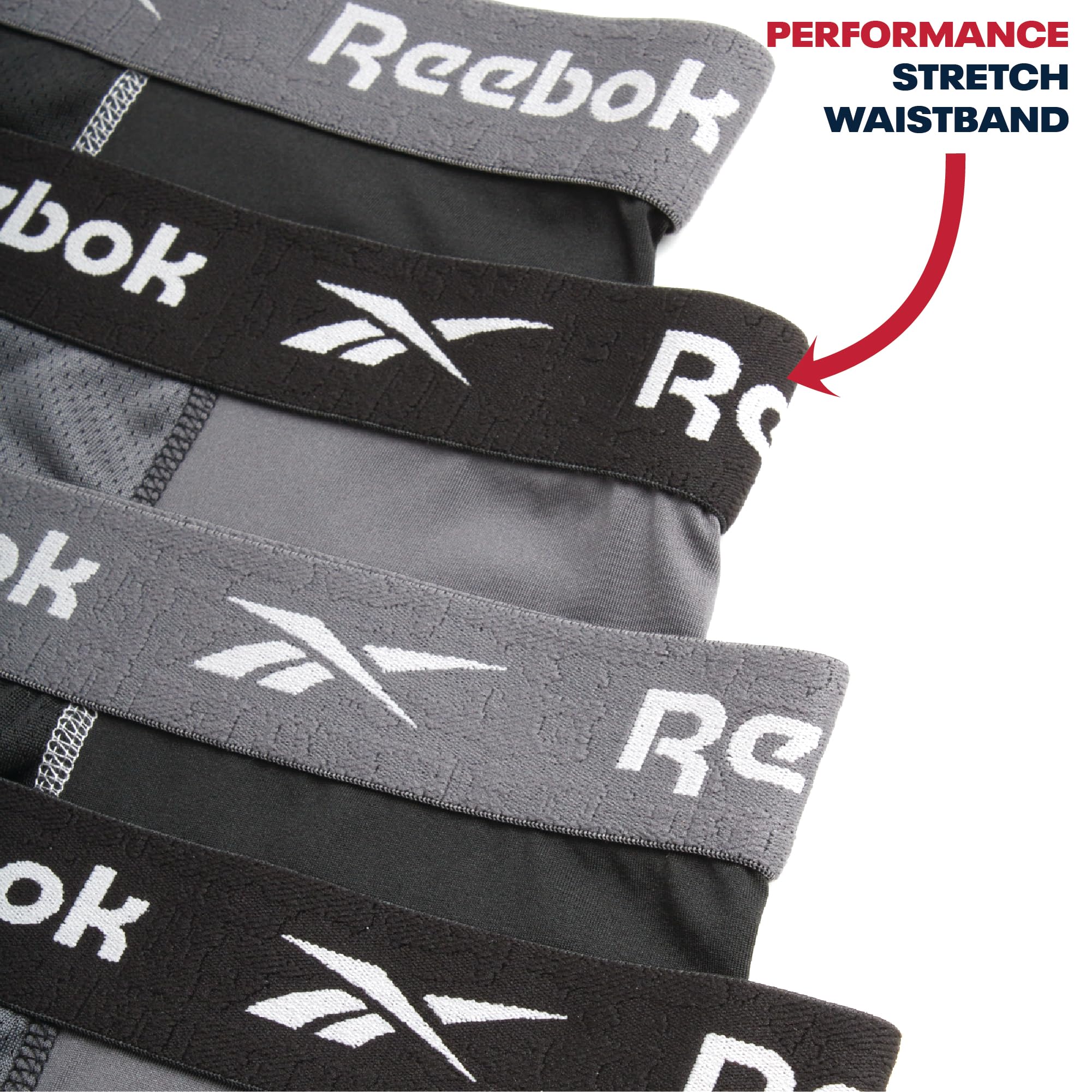 Reebok Mens Boxer Briefs - 4 Pack Underwear with Contour Pouch, 6'' Inseam | Athletic Stretch Performance Moisture-Wicking Fabric, No Fly Pouch, Tag-Free Waistband