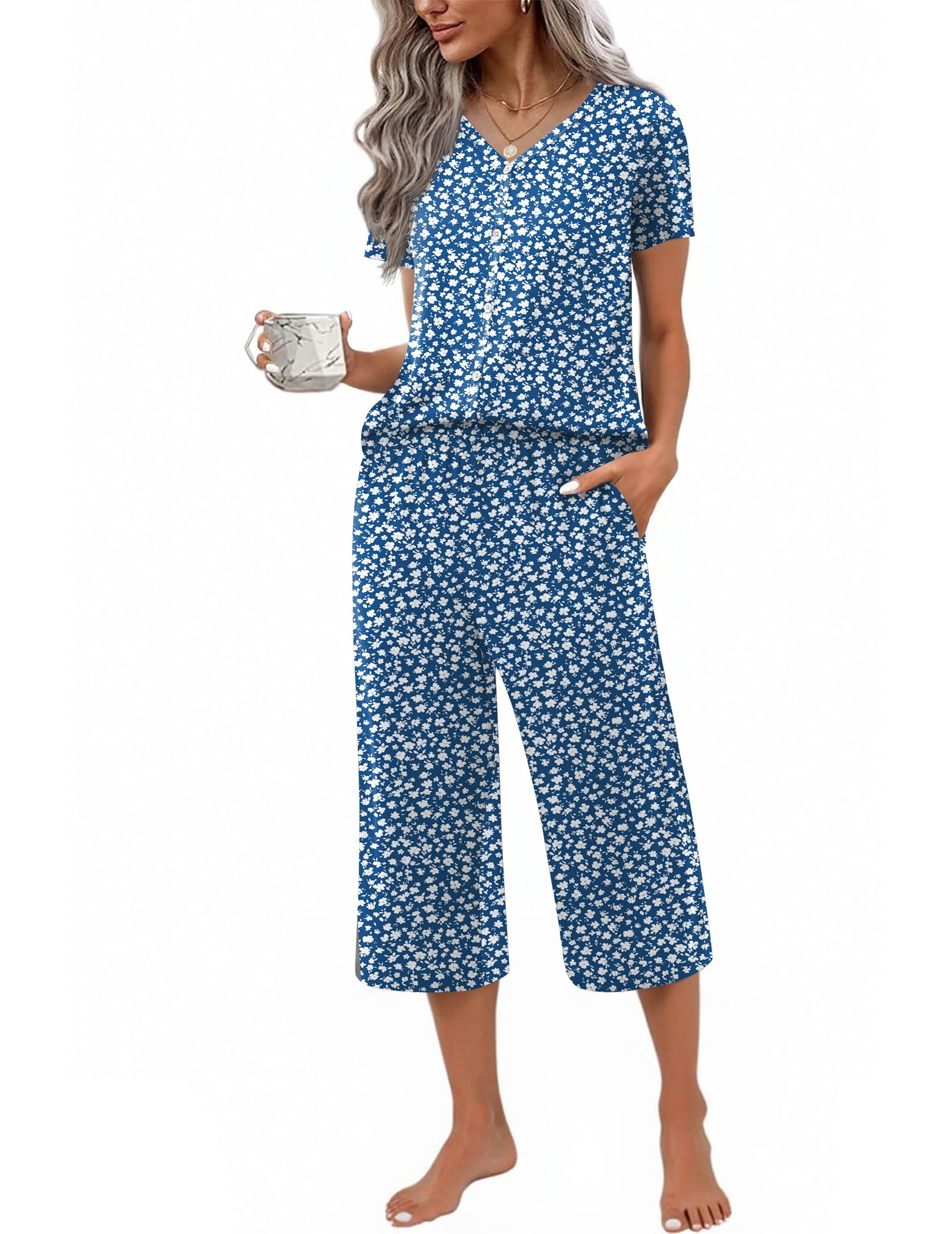 Ekouaer Women's Pajama Sets Short Sleeve Sleepwear Button Up Pj Loungewear Top and Capri Pants with Pockets