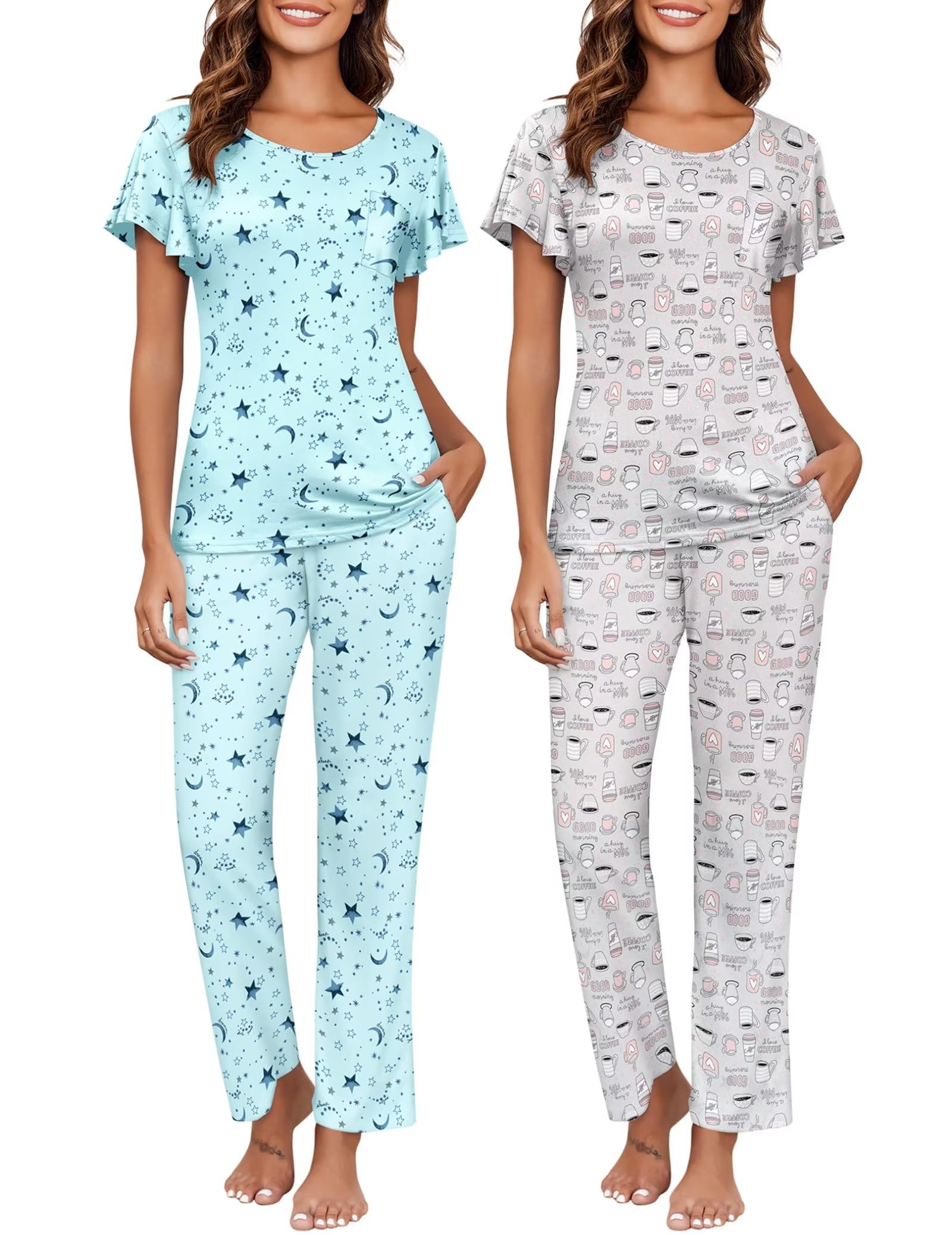 Ekouaer Pajamas for Women Set 2 Piece Comfy Loungewear, Lightweight Pjs Sleepwear, Short Sleeve Top & Long Pants with Pockets
