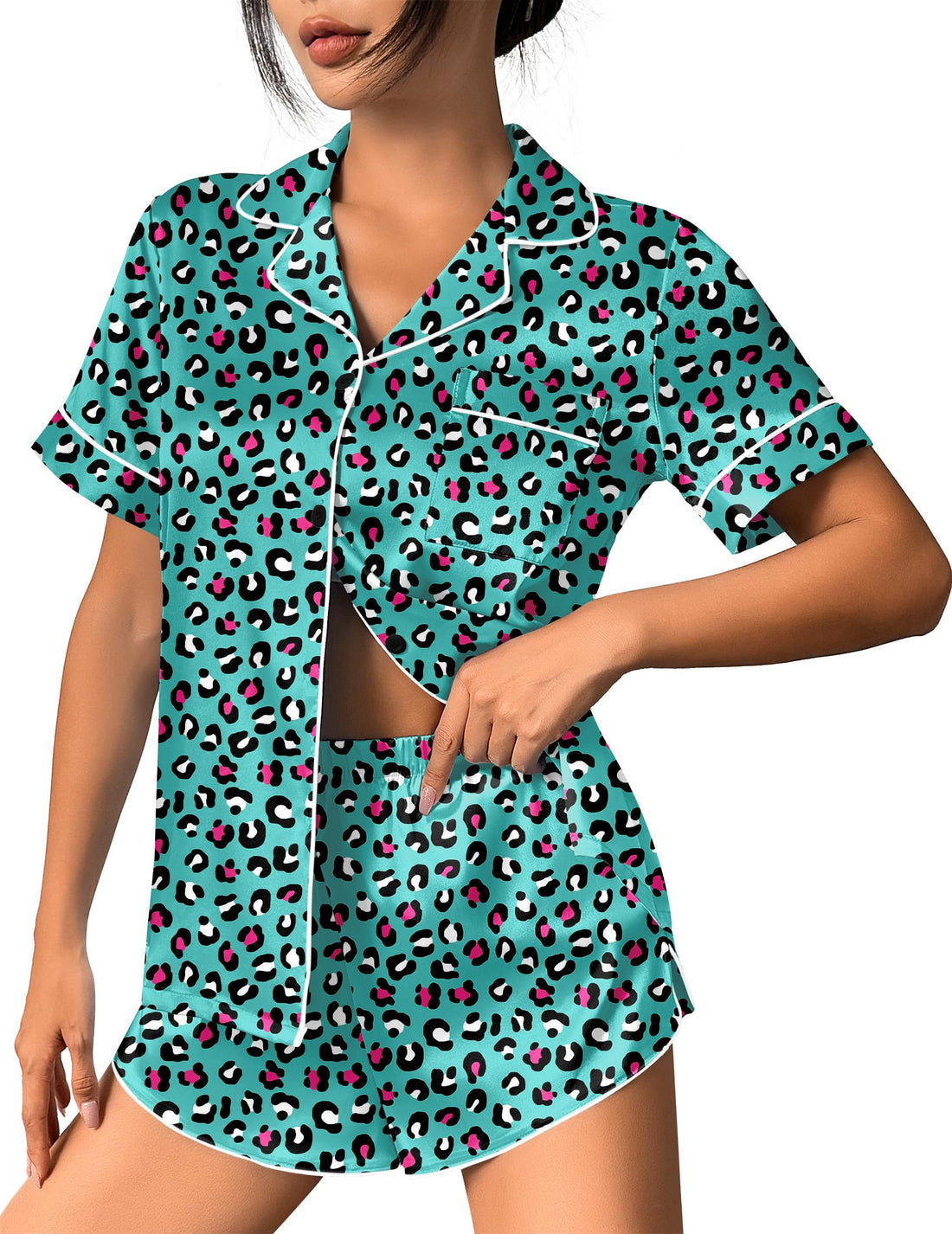 Ekouaer Womens Silk Satin Pajama Set Print Short Sleeve Sleepwear Button Down Pjs Shorts Set Loungewear