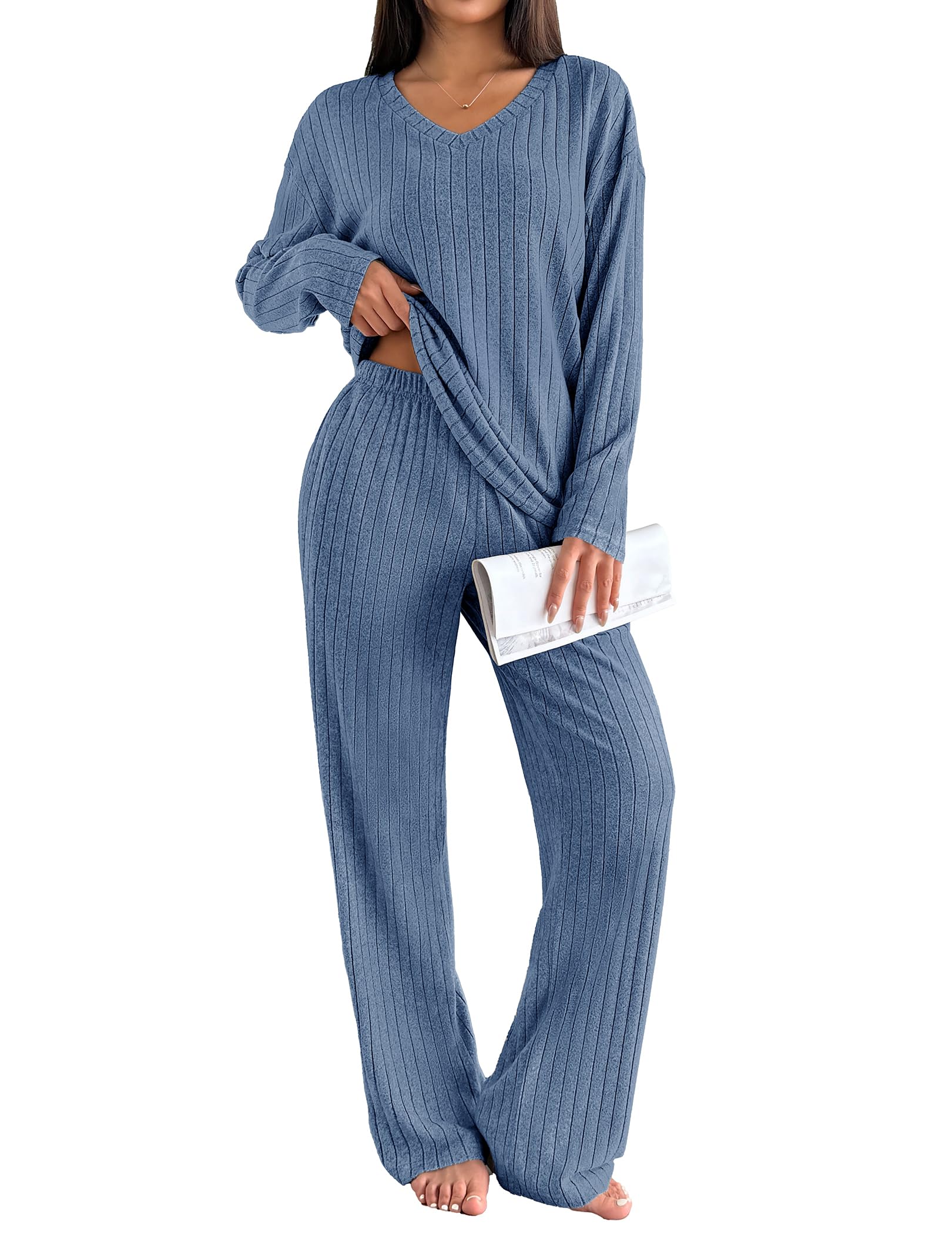 Ekouaer Lounge Sets for Women Long Sleeve Knit Ribbed Pajama Sets 2 Piece Casual Loungewear with Pockets