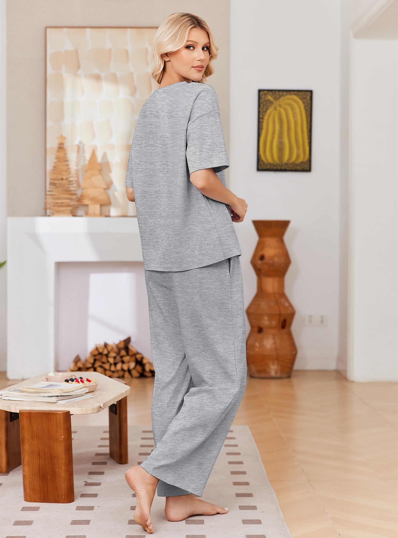 Ekouaer Womens Pajama Sets Cotton Short Sleeve Long Pants Lounge Set