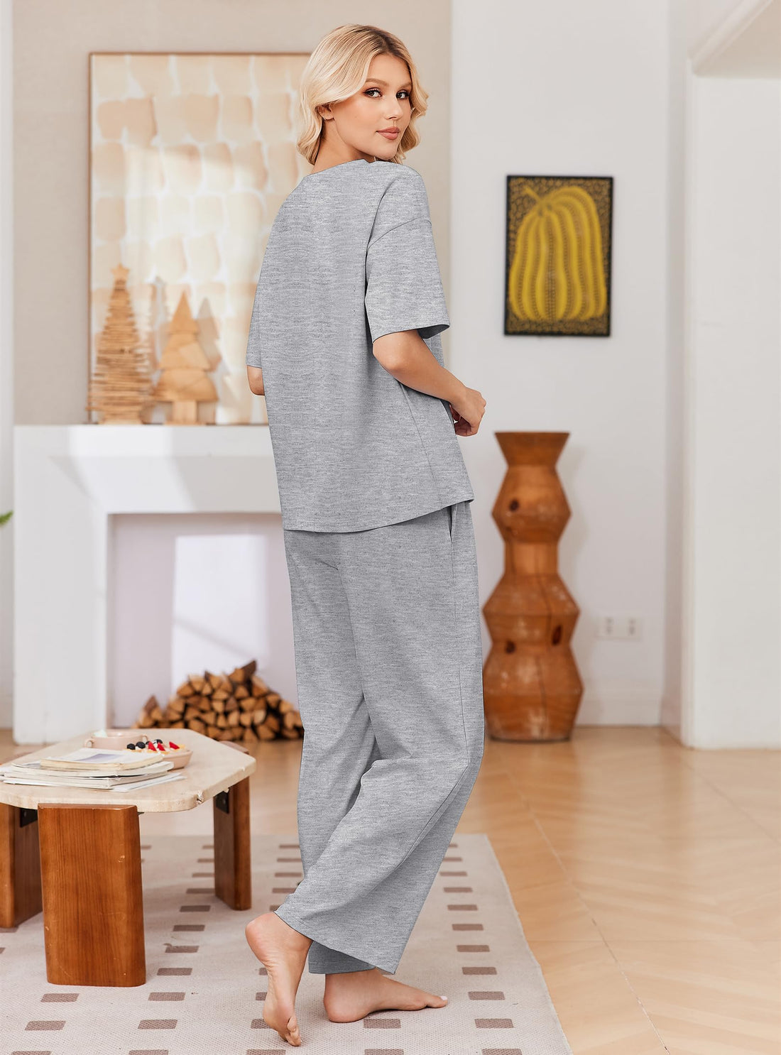 Ekouaer Womens Pajama Sets Cotton Short Sleeve Long Pants Lounge Set