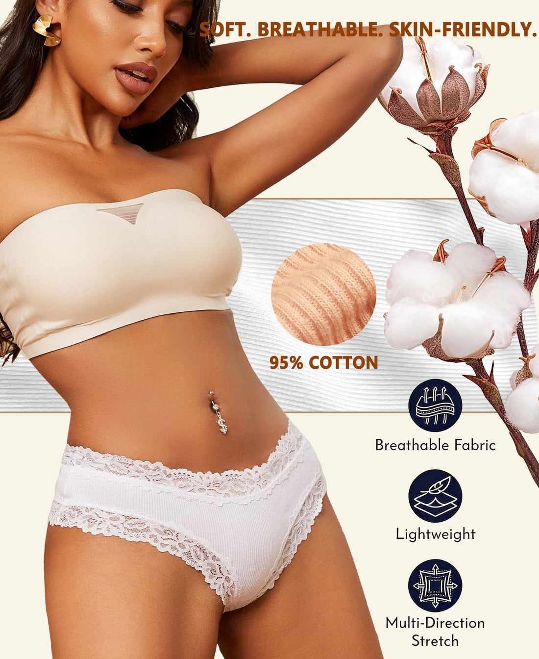 Knowyou Cotton Underwear for Women No Roll Soft Panties No Dig Lace Waist Hipster Breathable Cheeky Lingerie for Women