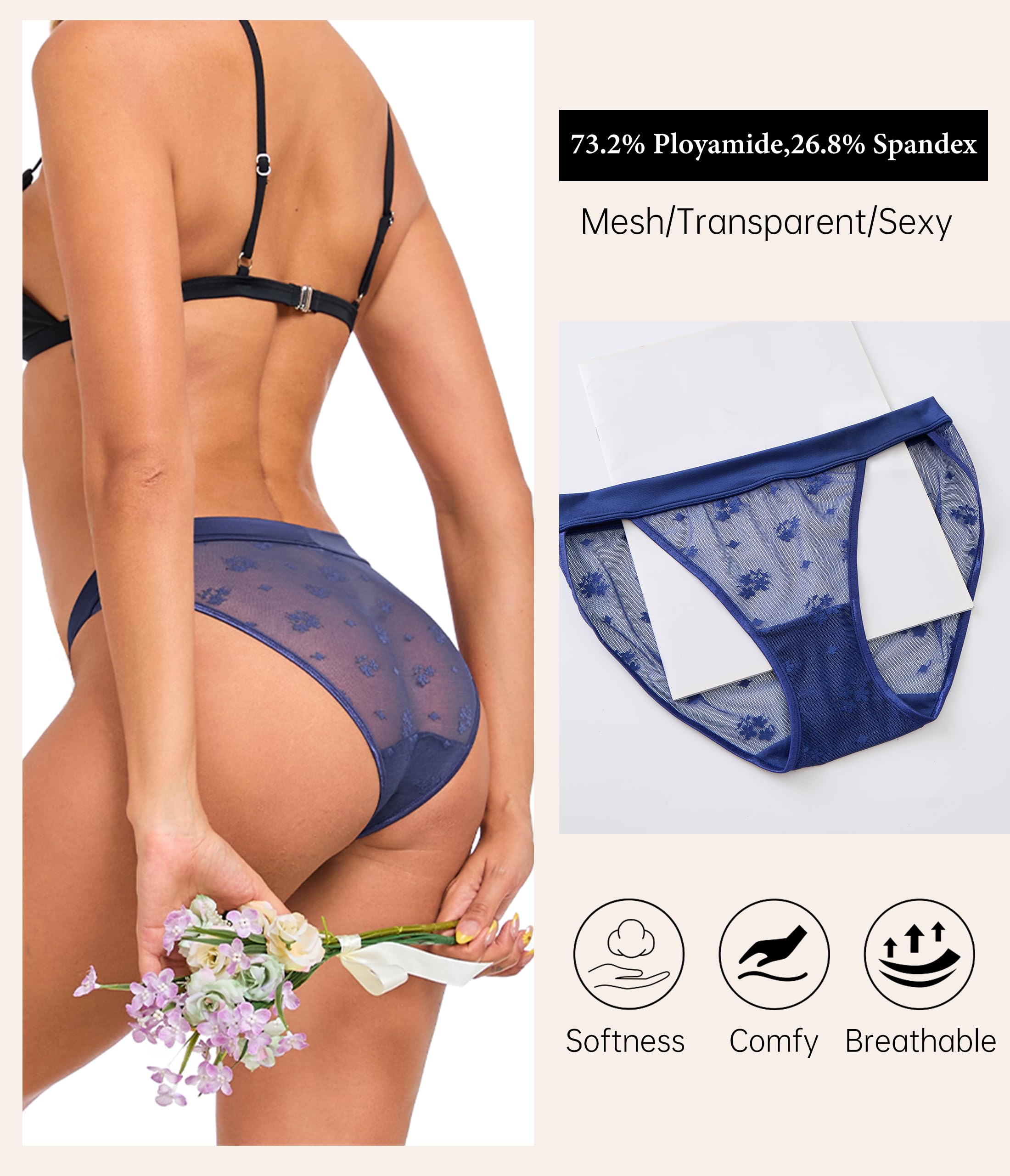 ANLIQI Womens Sexy Underwear Mesh See Through Bikini Panties Pack Hi Cut Briefs Sheer Lace String Lingerie Hipster for Lady