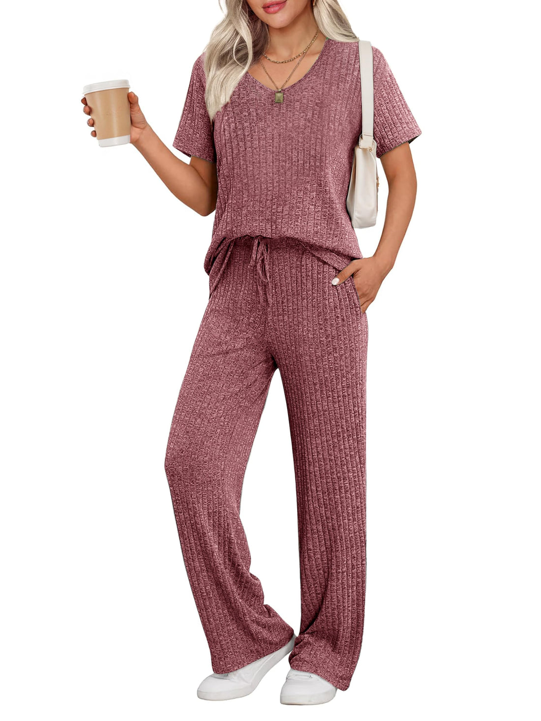 Ekouaer Womens Ribbed Knit Lounge Set Short Sleeve Top and Long Pants Sleepwear Pajama Set Two Piece Matching Outfits Set