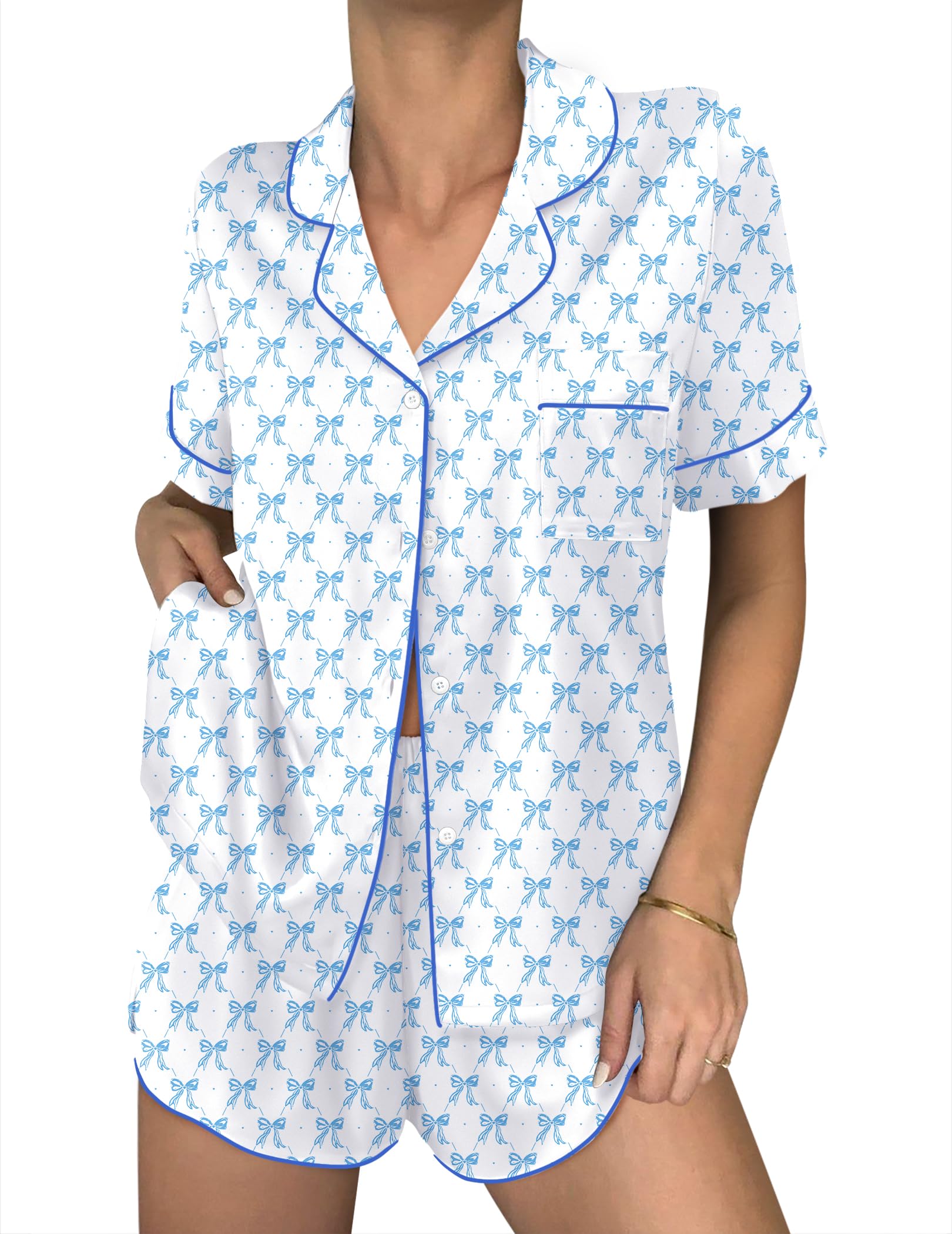Ekouaer Women Satin Pajama Sets Cute Print Silk Pjs Shorts Sets S-4XL