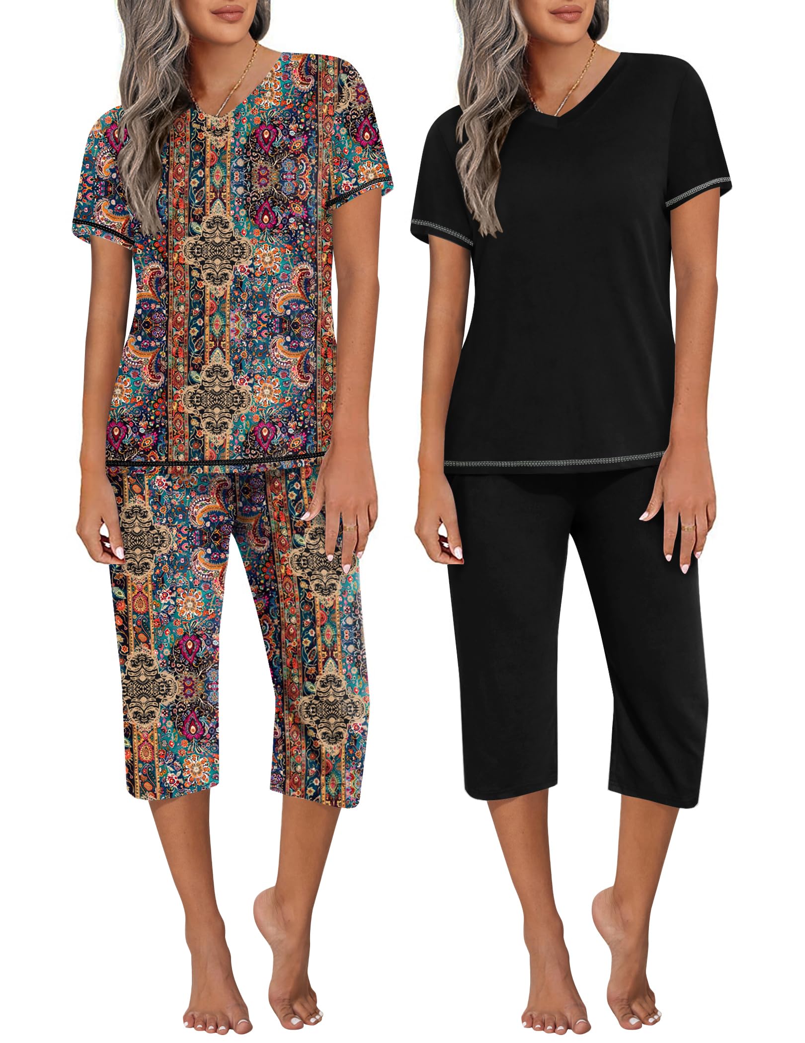 Ekouaer 2 Pack Women's Capri Pajama Sets Short Sleeve Two-Piece Pjs V Neck Tops & Pants Printed Lounge Sets S-3XL