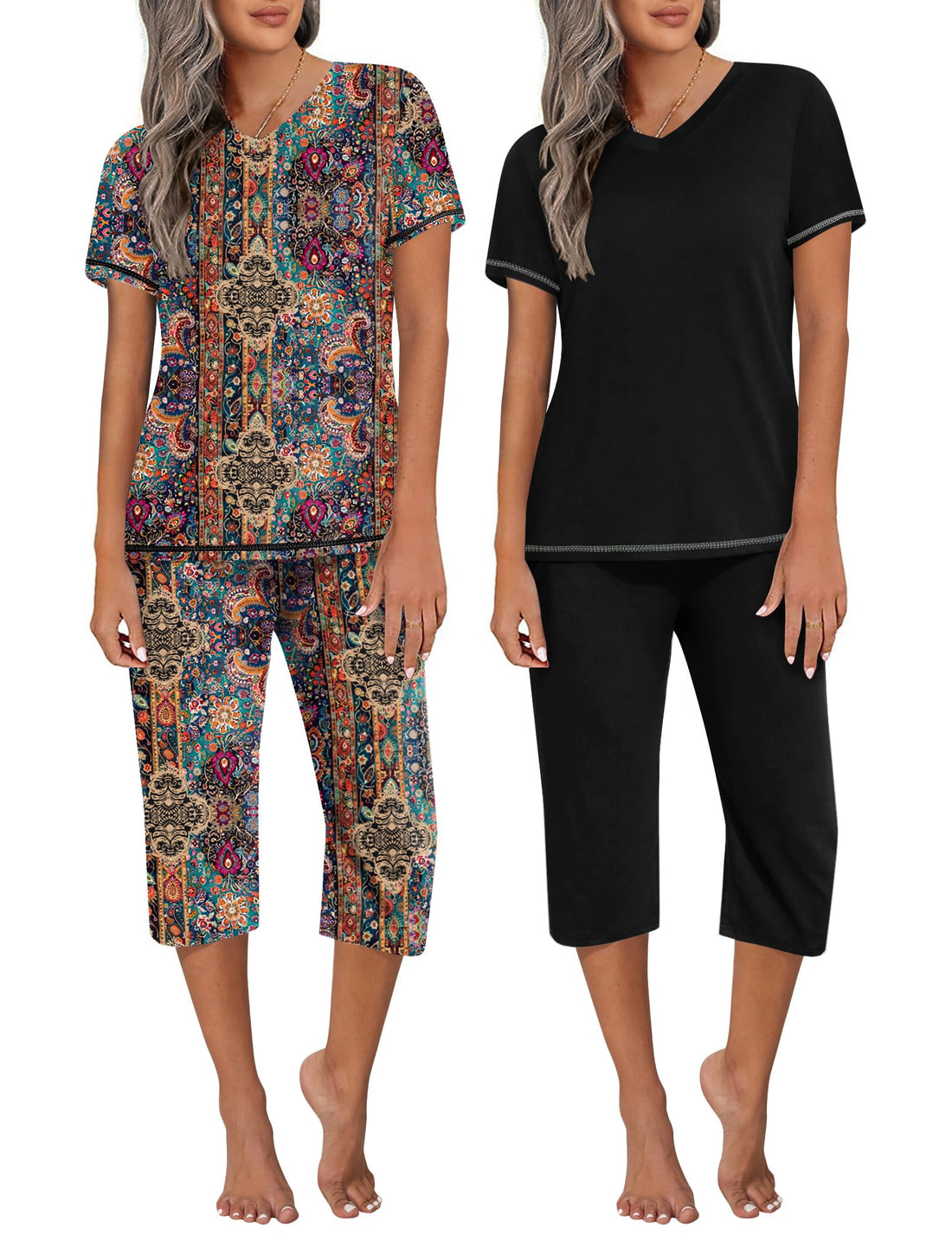 Ekouaer 2 Pack Women's Capri Pajama Sets Short Sleeve Two-Piece Pjs V Neck Tops & Pants Printed Lounge Sets S-3XL