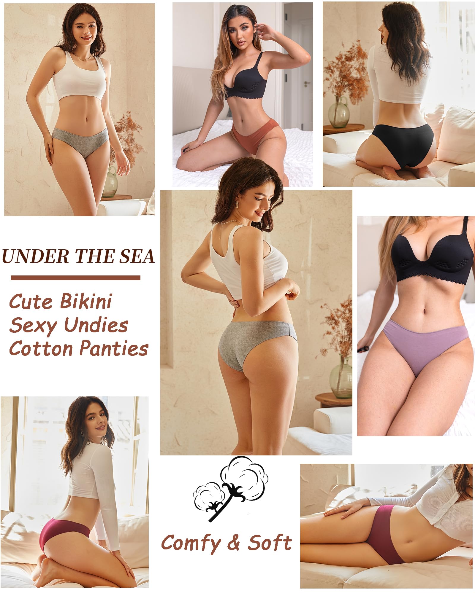 UNDER THE SEA Cotton Underwear for Women 6 Pack Sexy Bikini High Cut Breathable Cheeky Panties Underwear Womens Lingerie