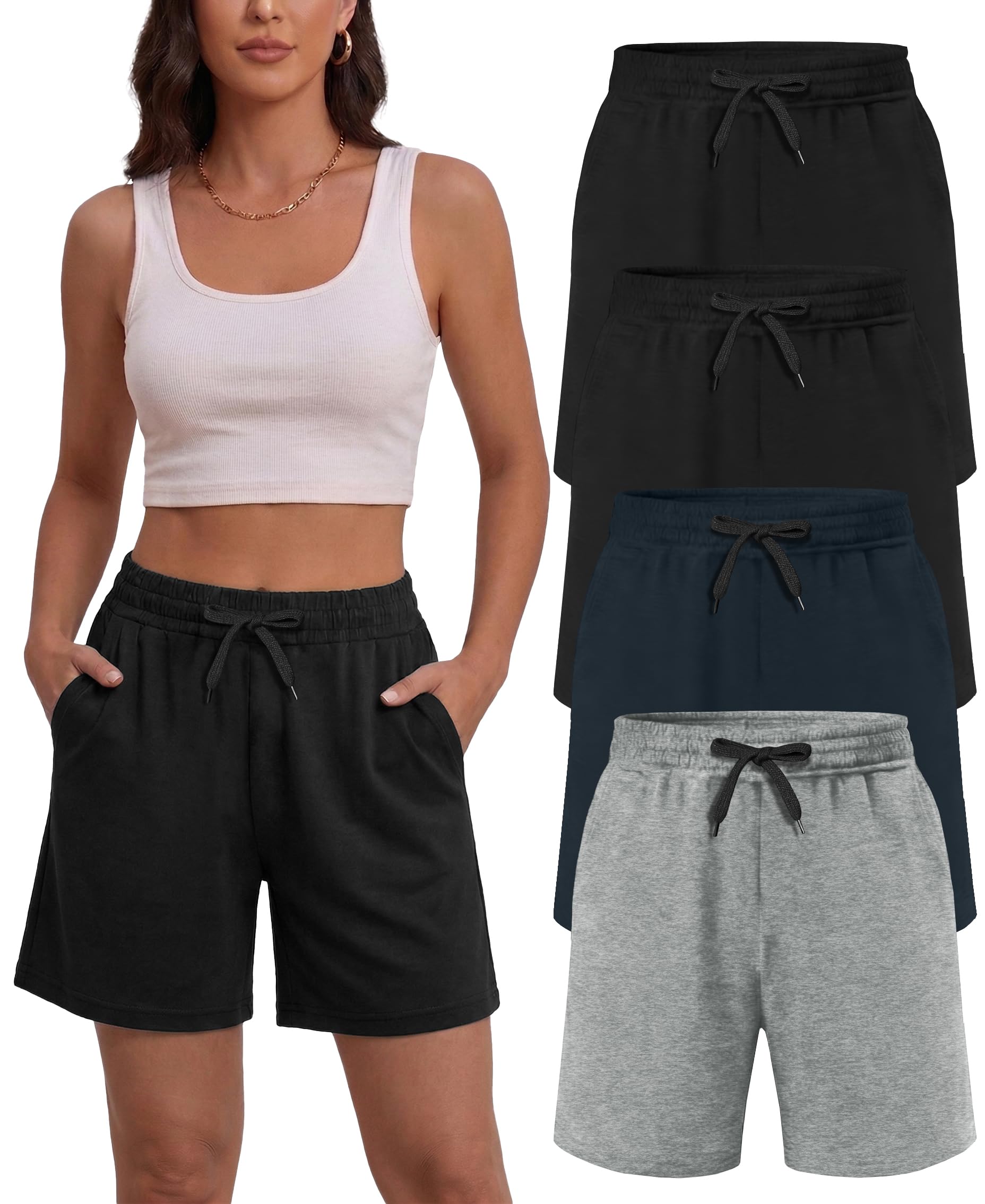 Dalavch 4 Pack Women's Summer Sweat Shorts Cotton Drawstring with Pockets | Comfy, Casual, Lounge, Sport, Athletic, Travel, Basketball, Jogger, Loose Fitting, Knit, Active Wear, Bermuda, Shorts