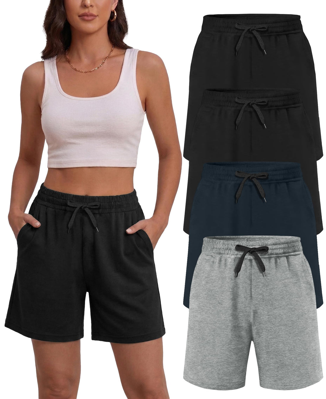 Dalavch 4 Pack Women's Summer Sweat Shorts Cotton Drawstring with Pockets | Comfy, Casual, Lounge, Sport, Athletic, Travel, Basketball, Jogger, Loose Fitting, Knit, Active Wear, Bermuda, Shorts