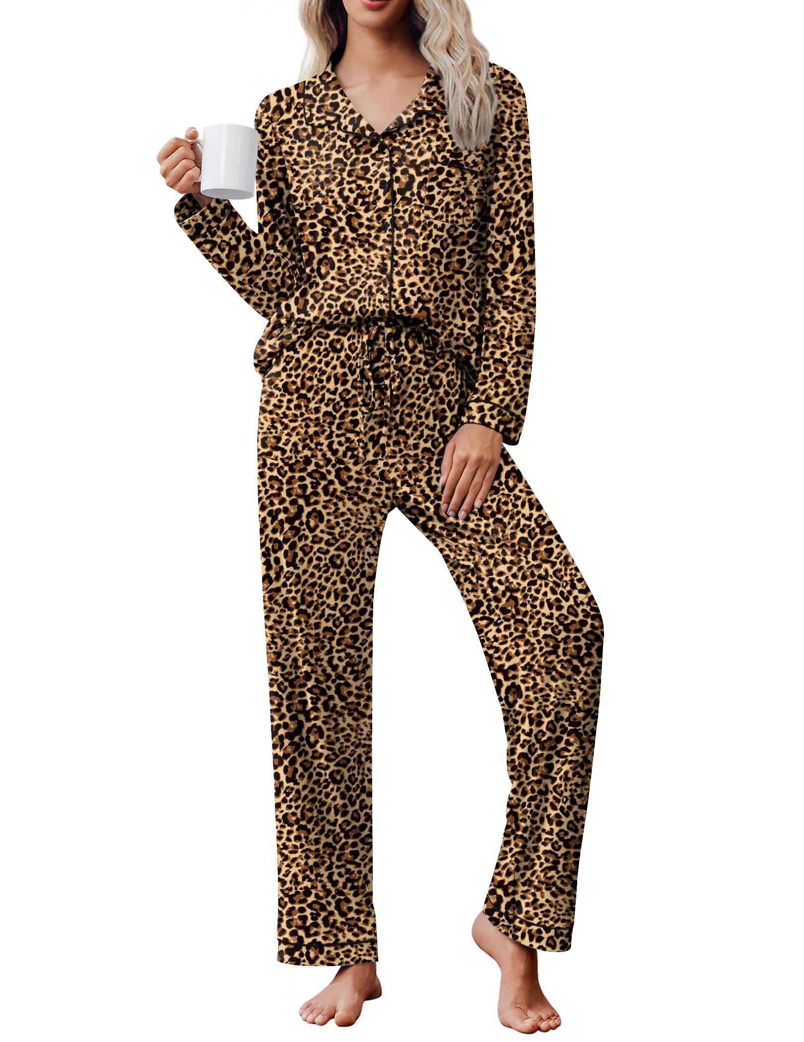 Ekouaer Women's Pajama Set Long Sleeve Lounge Set Soft Button Down Pjs