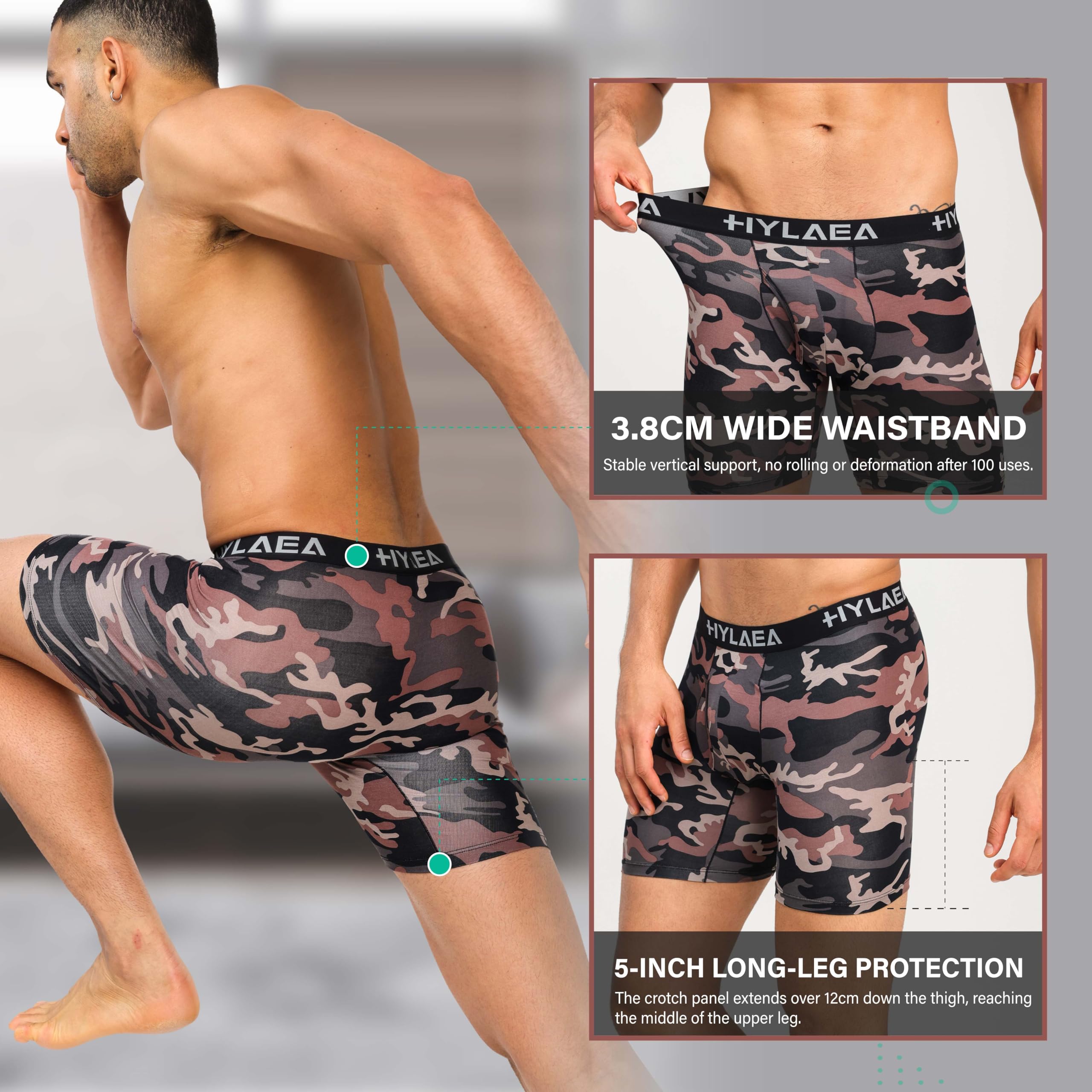 Hylaea Mens Bamboo Boxer Briefs, Breathable Moisture-Wicking Underwear | No Ride Up | 3D Pouch Support | Quick Dry | Anti-Odor | Tagless | Wide Waistband | Extended Leg Cut | Lightweight Fabric