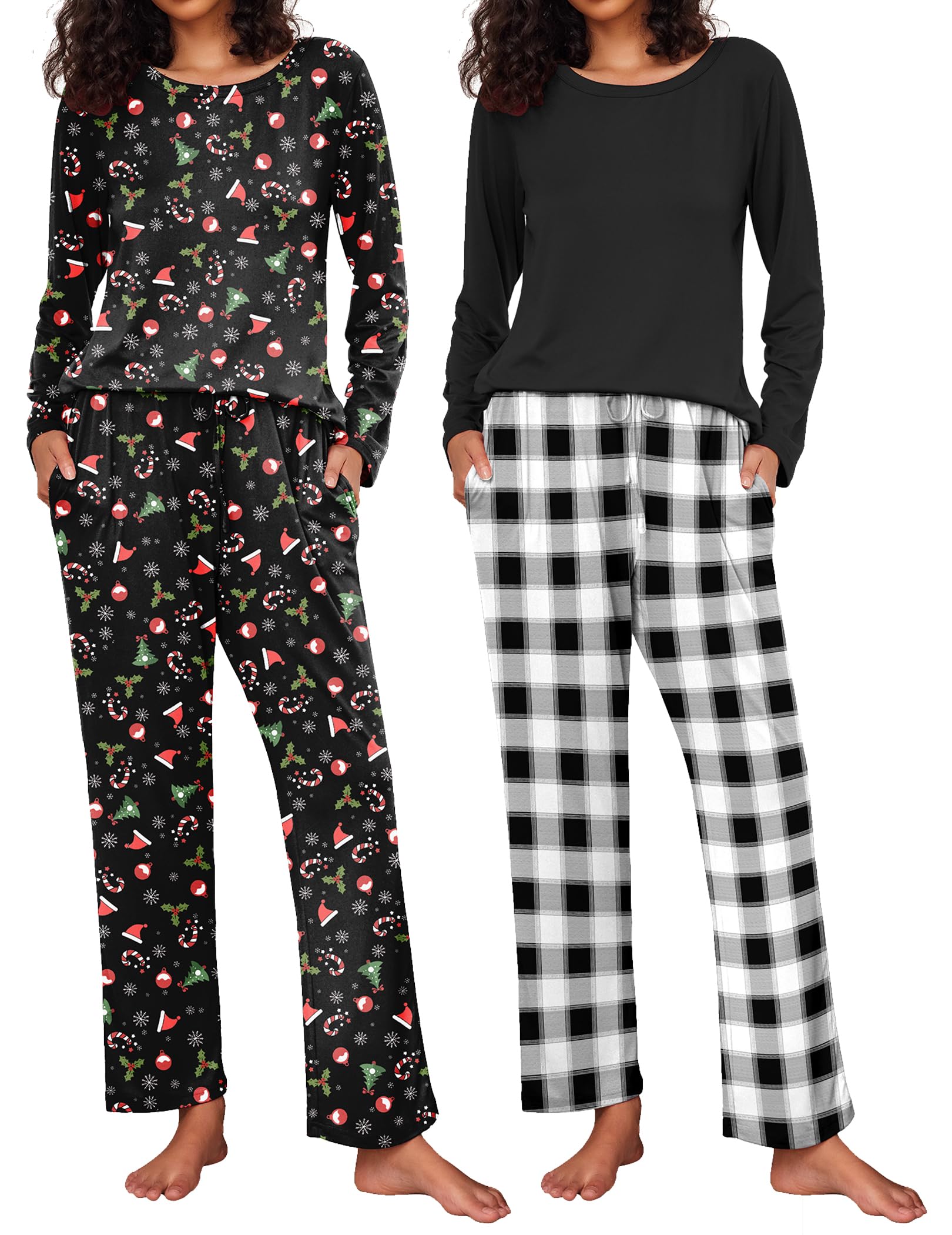 Ekouaer Women's 2 Pack Pajama Sets Long Sleeve Lounge Set Soft Comfy Pjs