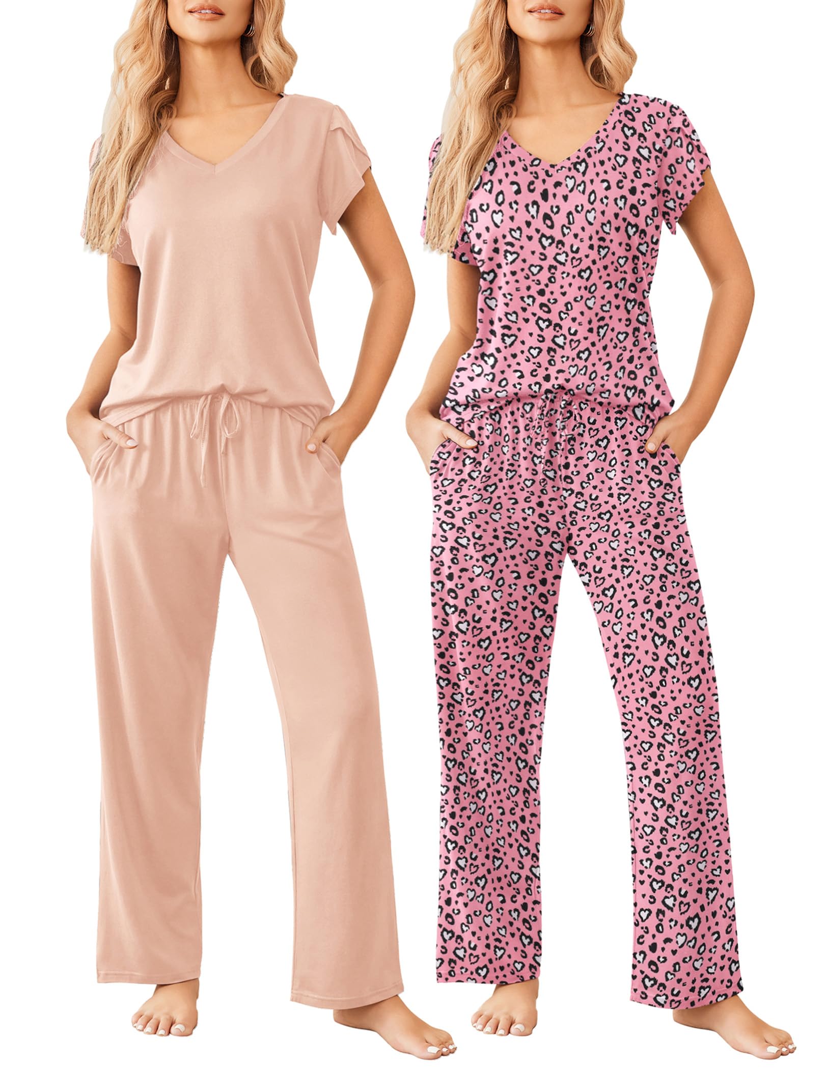 Ekouaer 2 Pack Womens Pajama Set Short Sleeve Sleepwear Soft Pjs Lounge Set