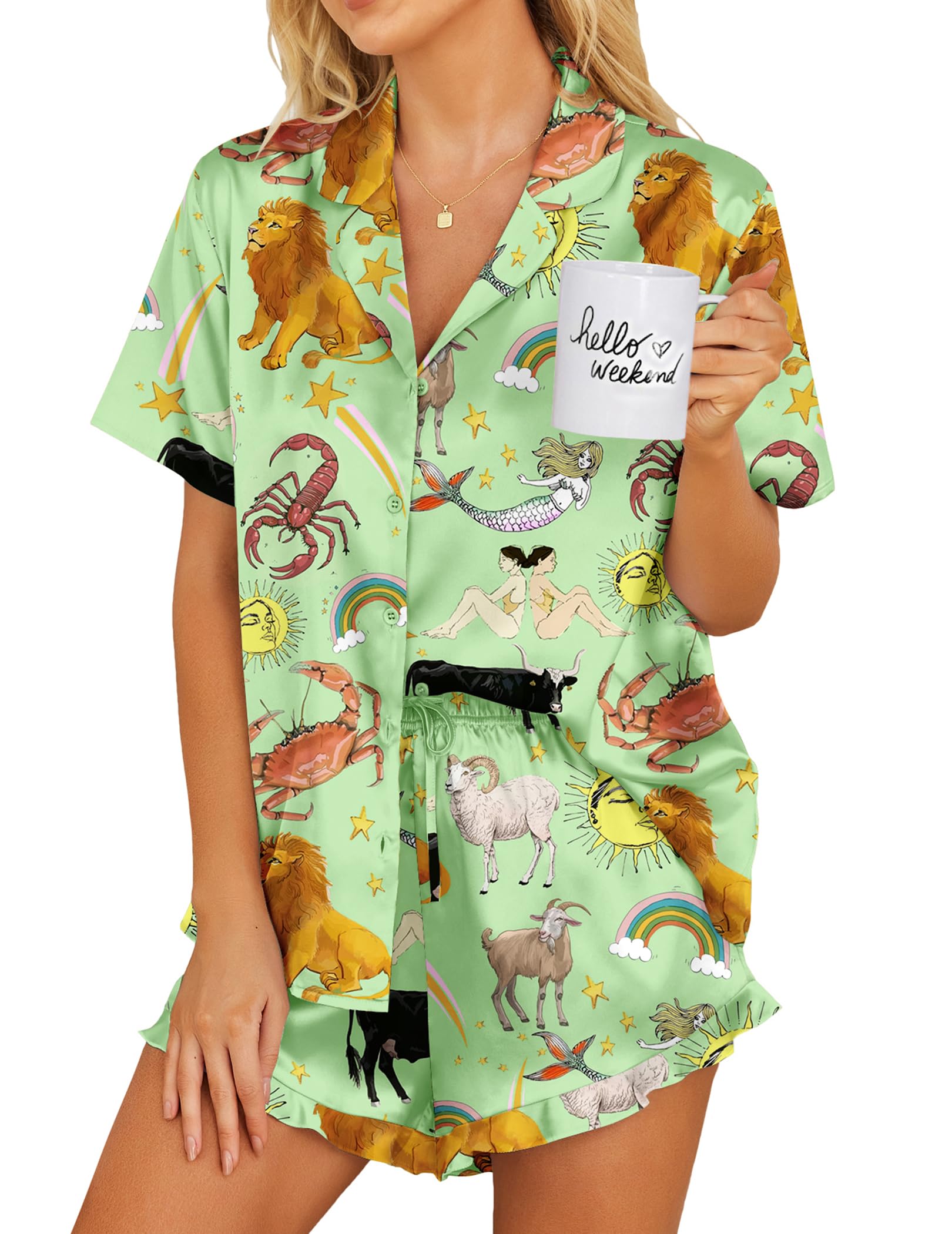 Ekouaer Womens Satin Pajamas Set Button Down 2 Piece Silk Pjs Shorts Set Ruffle Lingerie Notch Collar Sleepwear