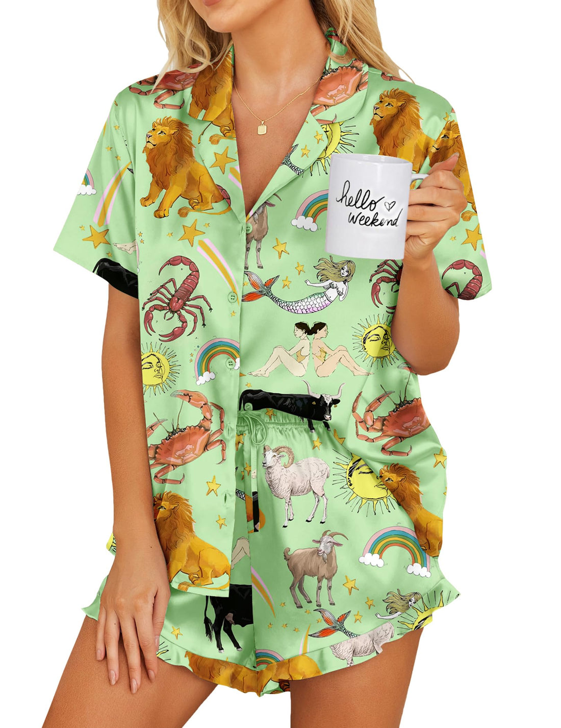 Ekouaer Womens Satin Pajamas Set Button Down 2 Piece Silk Pjs Shorts Set Ruffle Lingerie Notch Collar Sleepwear