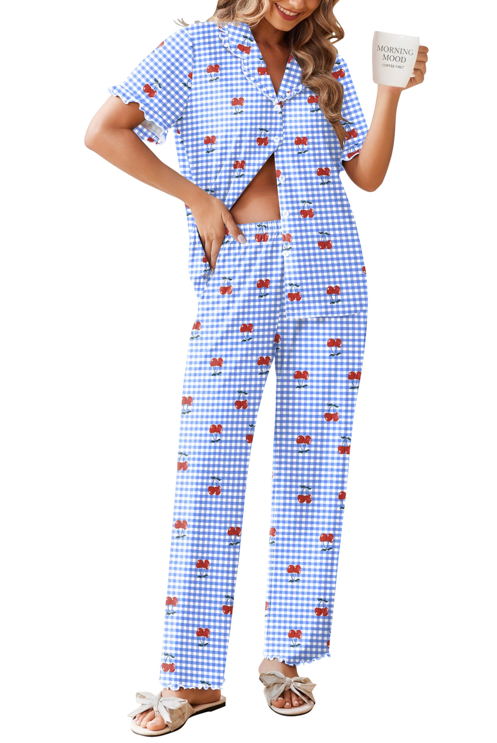 Ekouaer Womens Pajama Sets Short Sleeve Printed PJs Button Down Sleepwear