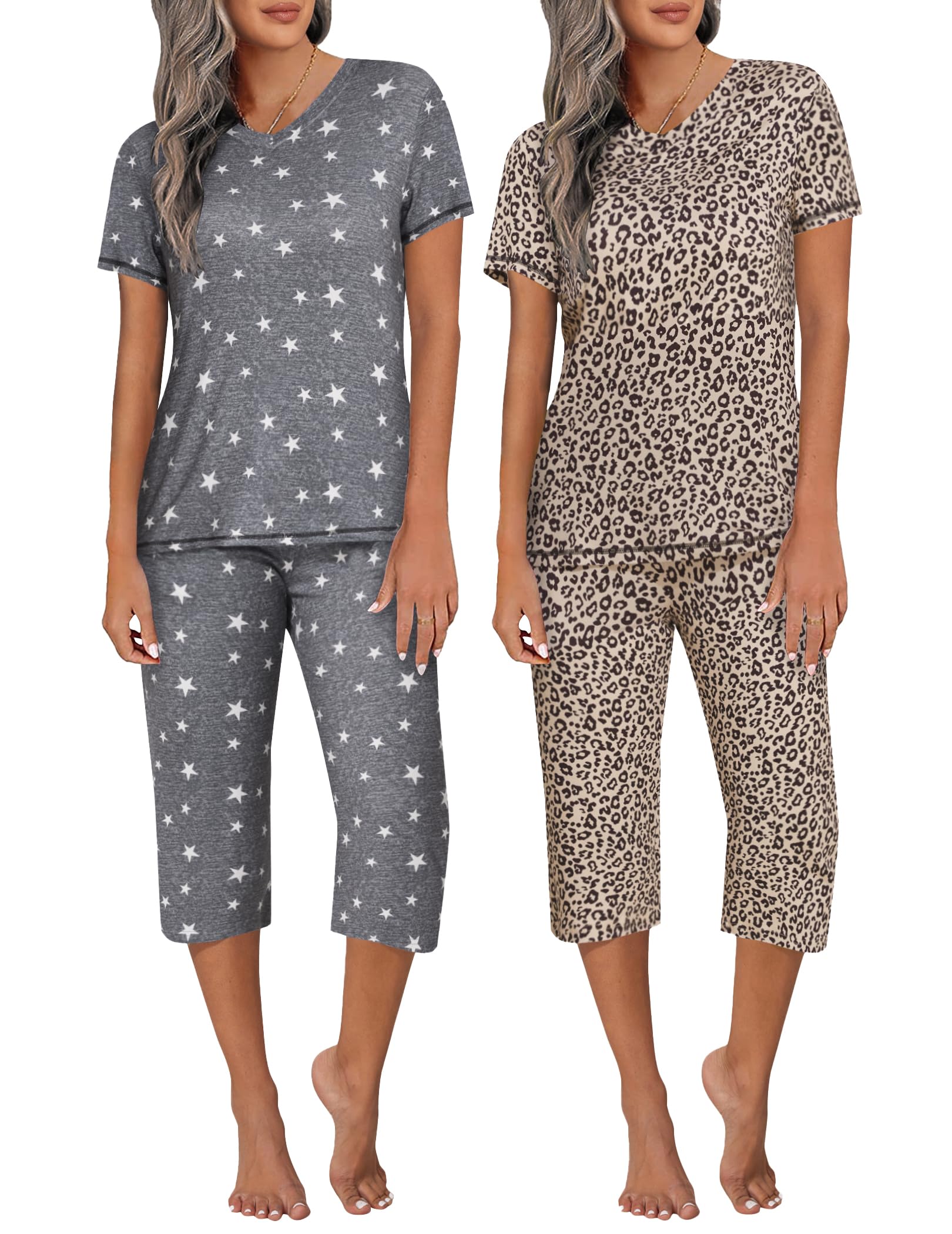 Ekouaer 2 Pack Women's Capri Pajama Sets Short Sleeve Two-Piece Pjs V Neck Tops & Pants Printed Lounge Sets S-3XL