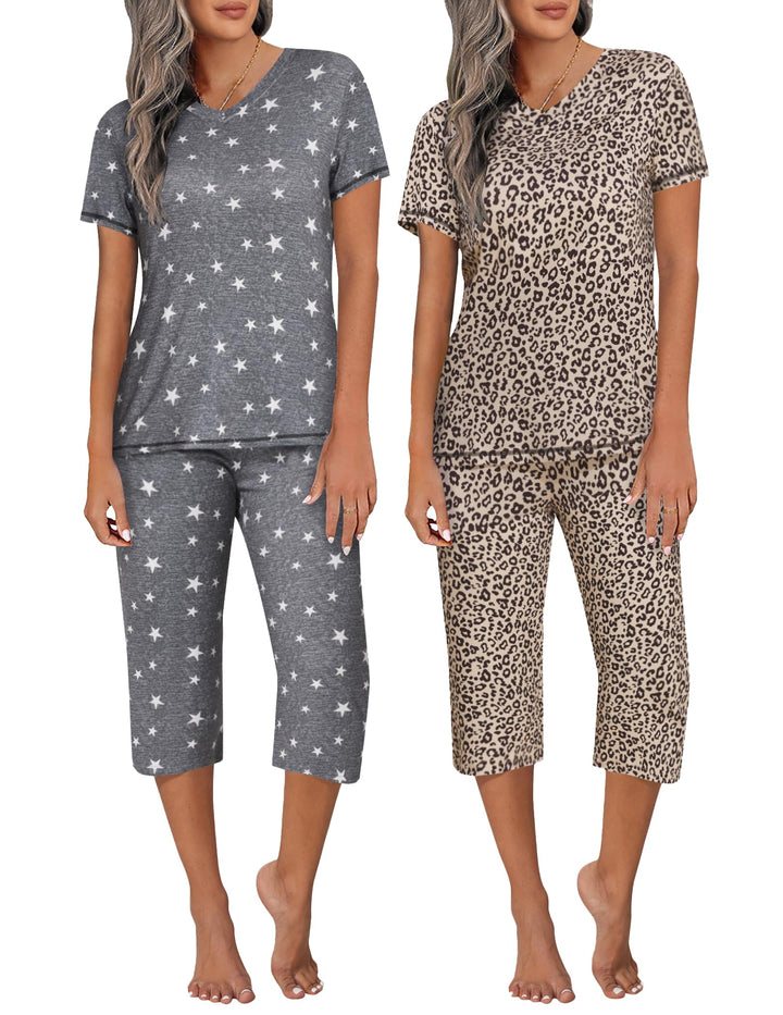 Ekouaer 2 Pack Women's Capri Pajama Sets Short Sleeve Two-Piece Pjs V Neck Tops & Pants Printed Lounge Sets S-3XL