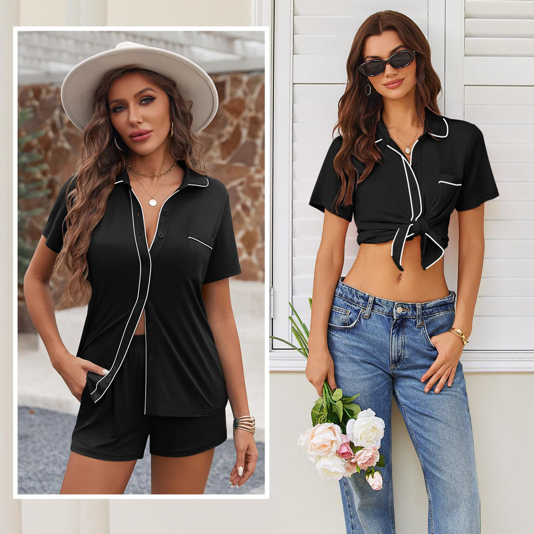 Ekouaer Womens Pajama Sets Button Down Lounge Set 2 Piece Pjs Sets