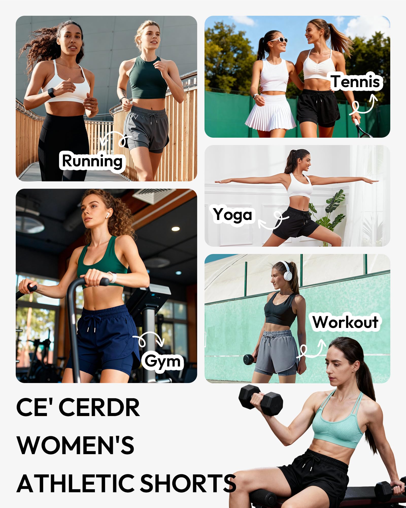 CE' CERDR 5 Pack Women's 2 in 1 Running Shorts High Waisted Athletic Workout Short for Gym Yoga with Liner 4 Pockets