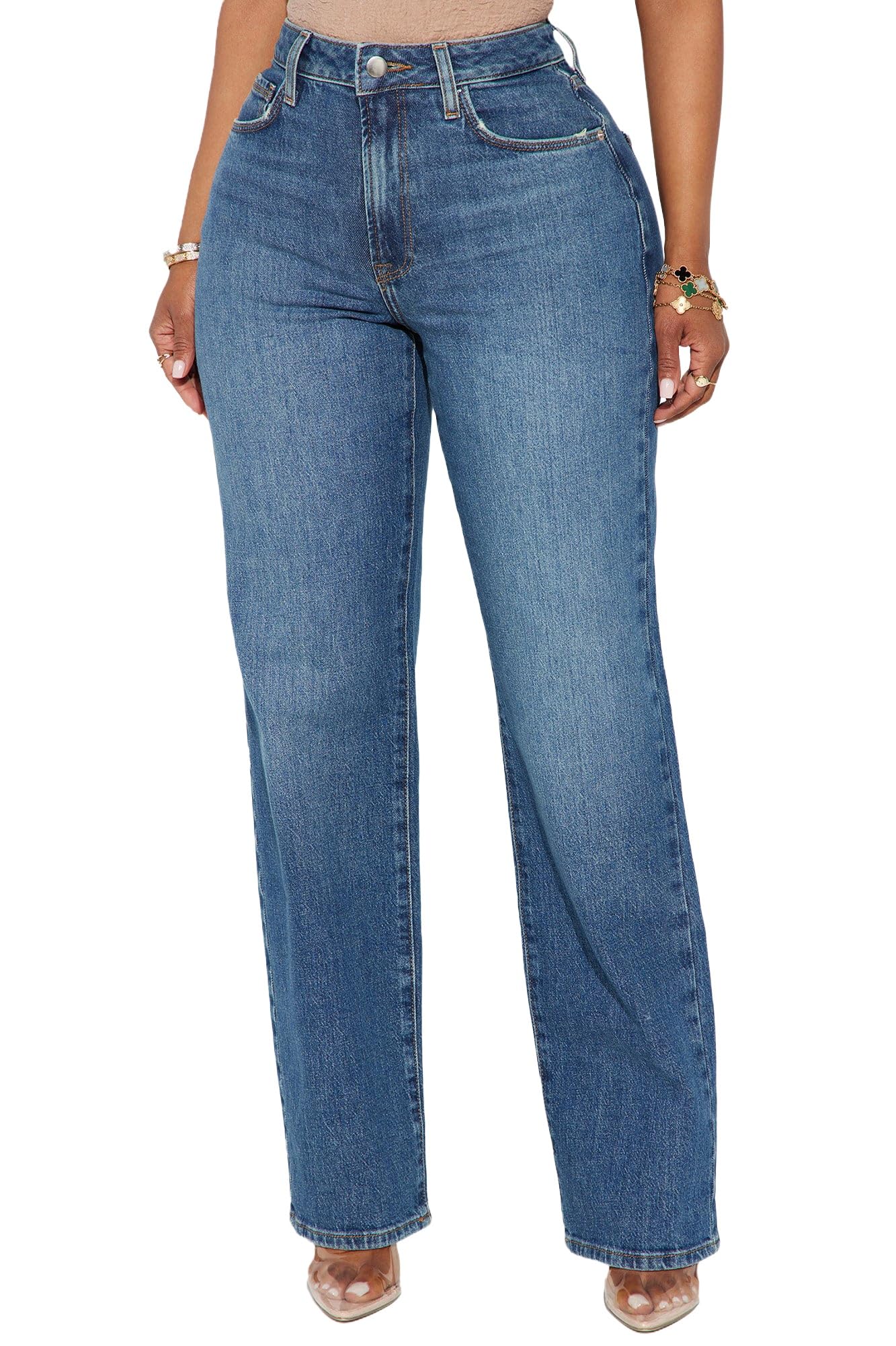 BessCops Straight Leg Jeans for Women High Waisted Wide Leg Stretchy Loose Denim Pants