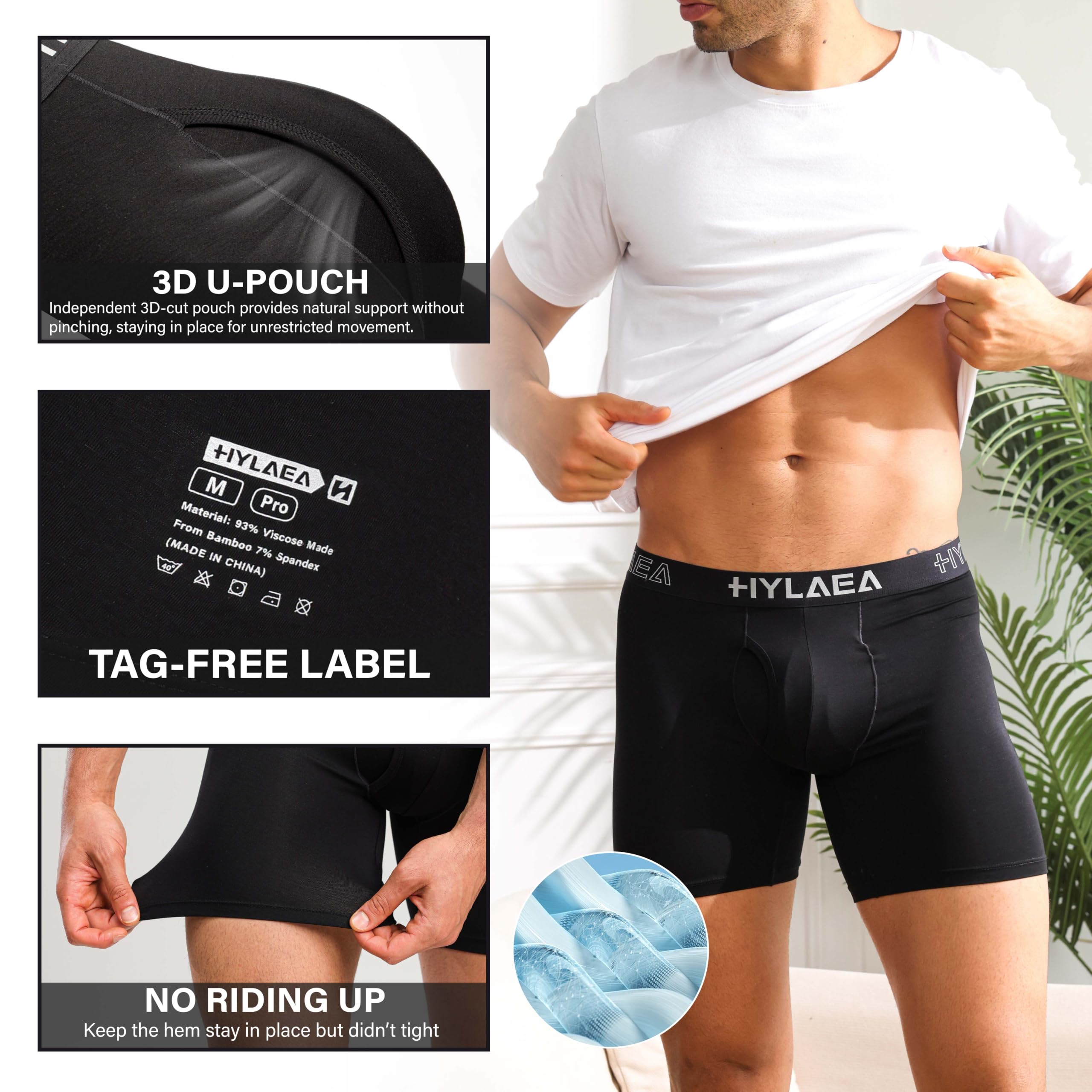 Hylaea Mens Bamboo Boxer Briefs, Breathable Moisture-Wicking Underwear | No Ride Up | 3D Pouch Support | Quick Dry | Anti-Odor | Tagless | Wide Waistband | Extended Leg Cut | Lightweight Fabric