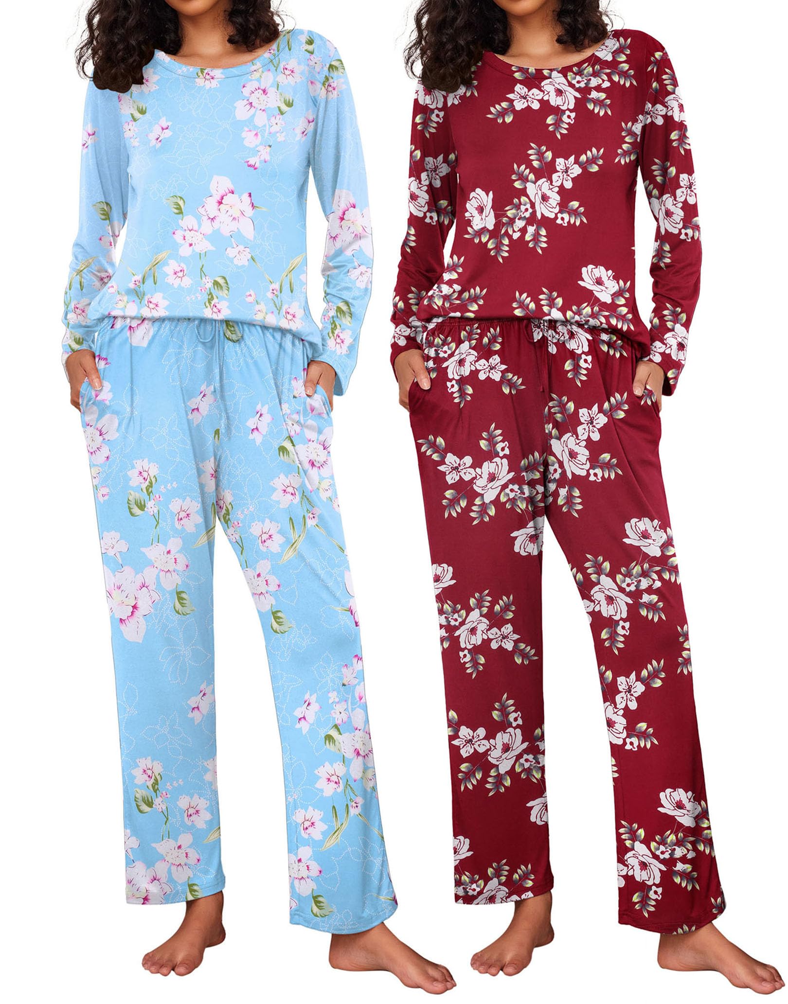 Ekouaer Women's 2 Pack Pajama Sets Long Sleeve Lounge Set Soft Comfy Pjs