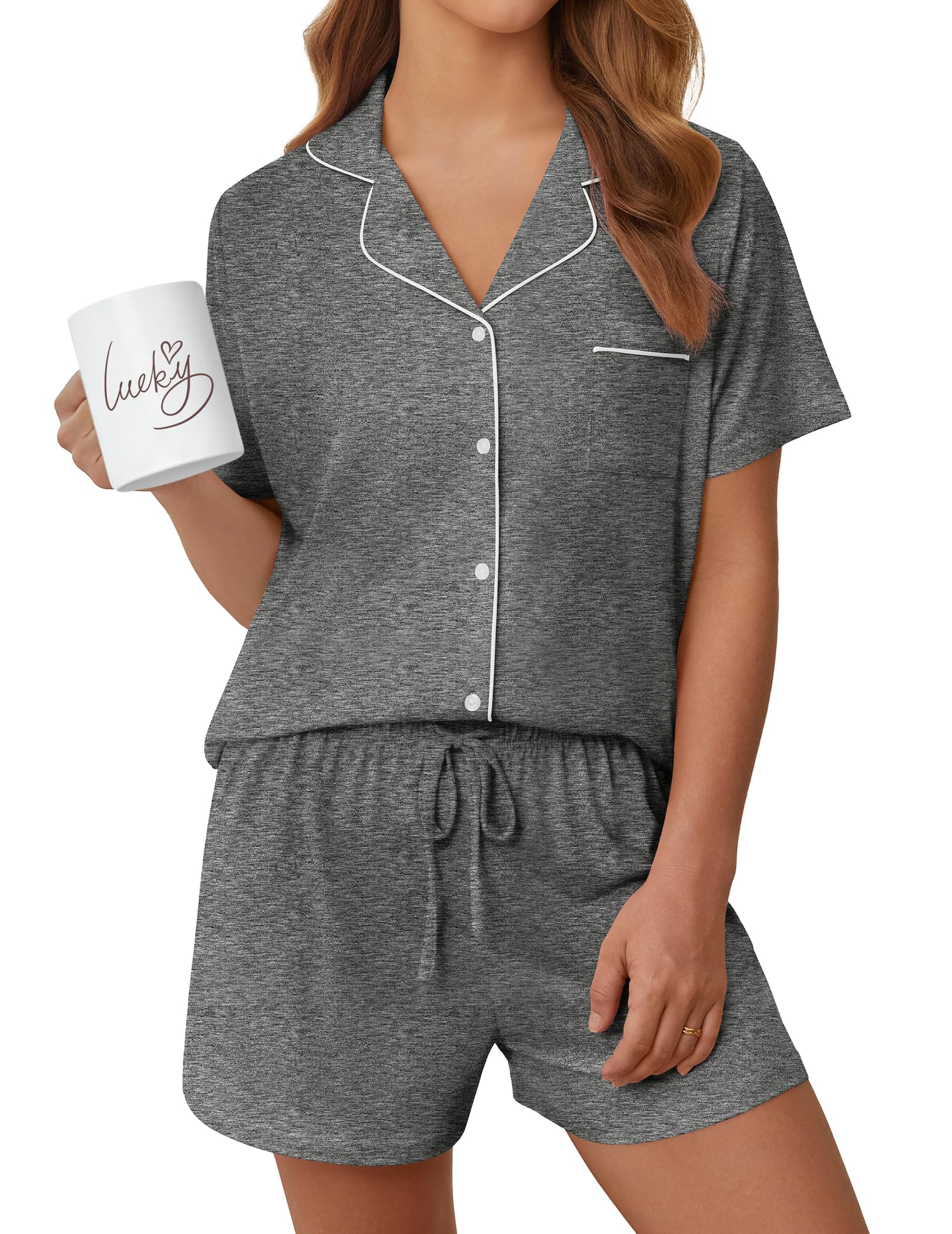 Womens Pajama Sets Summer Pjs Short Sleeve Button Down Top and Shorts Bride Sleepwear 2 Piece Comfy Lounge Set S-XXL
