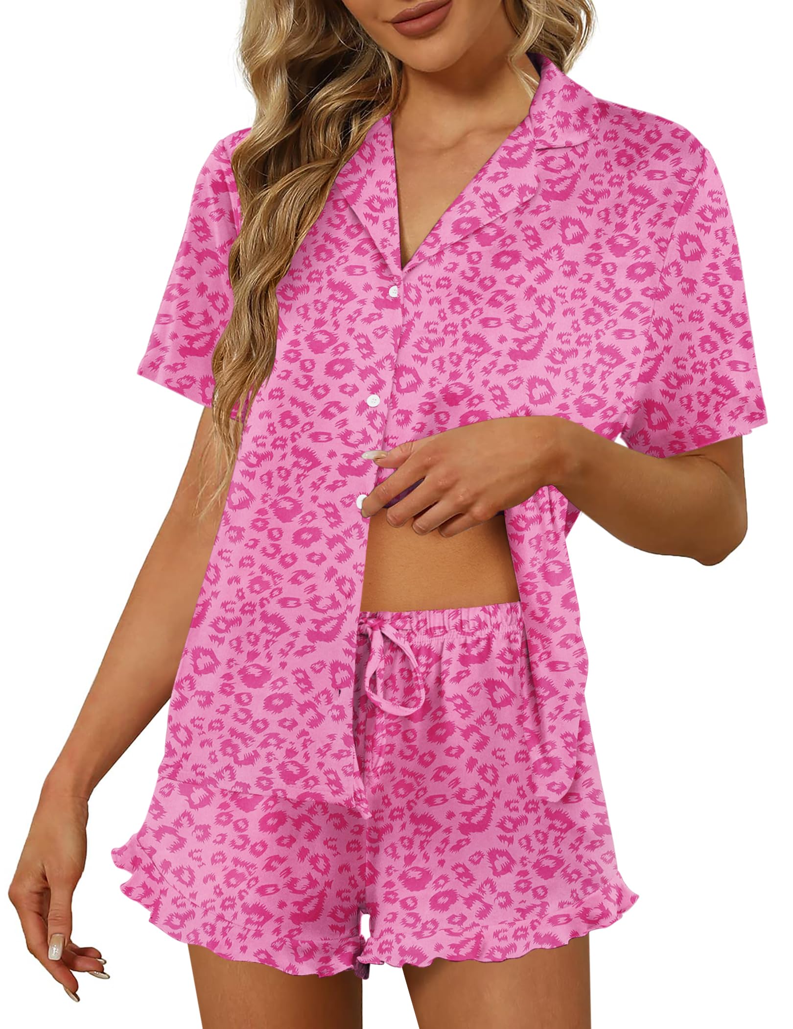Ekouaer Pajamas Set for Women Short Sleeve Sleepwear Button Down Ruffle Pjs