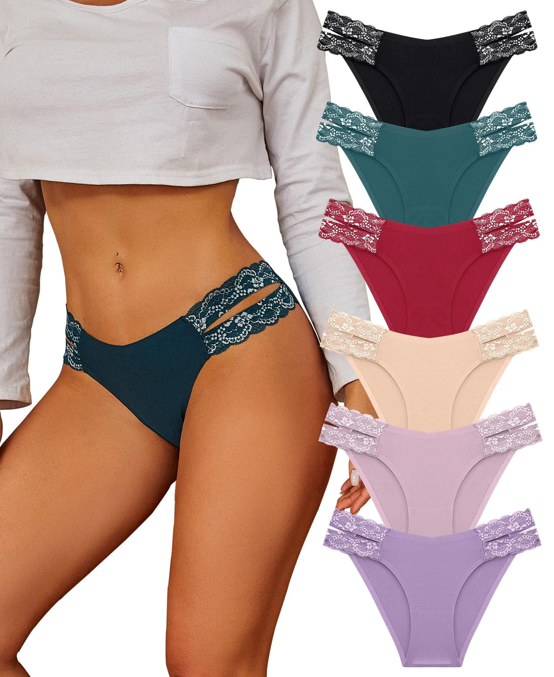 FINETOO Seamless Underwear for Women Cheeky Bikini Panties High Cut V-waist Lace Underwear Women Cute Bikinis 6 Pack