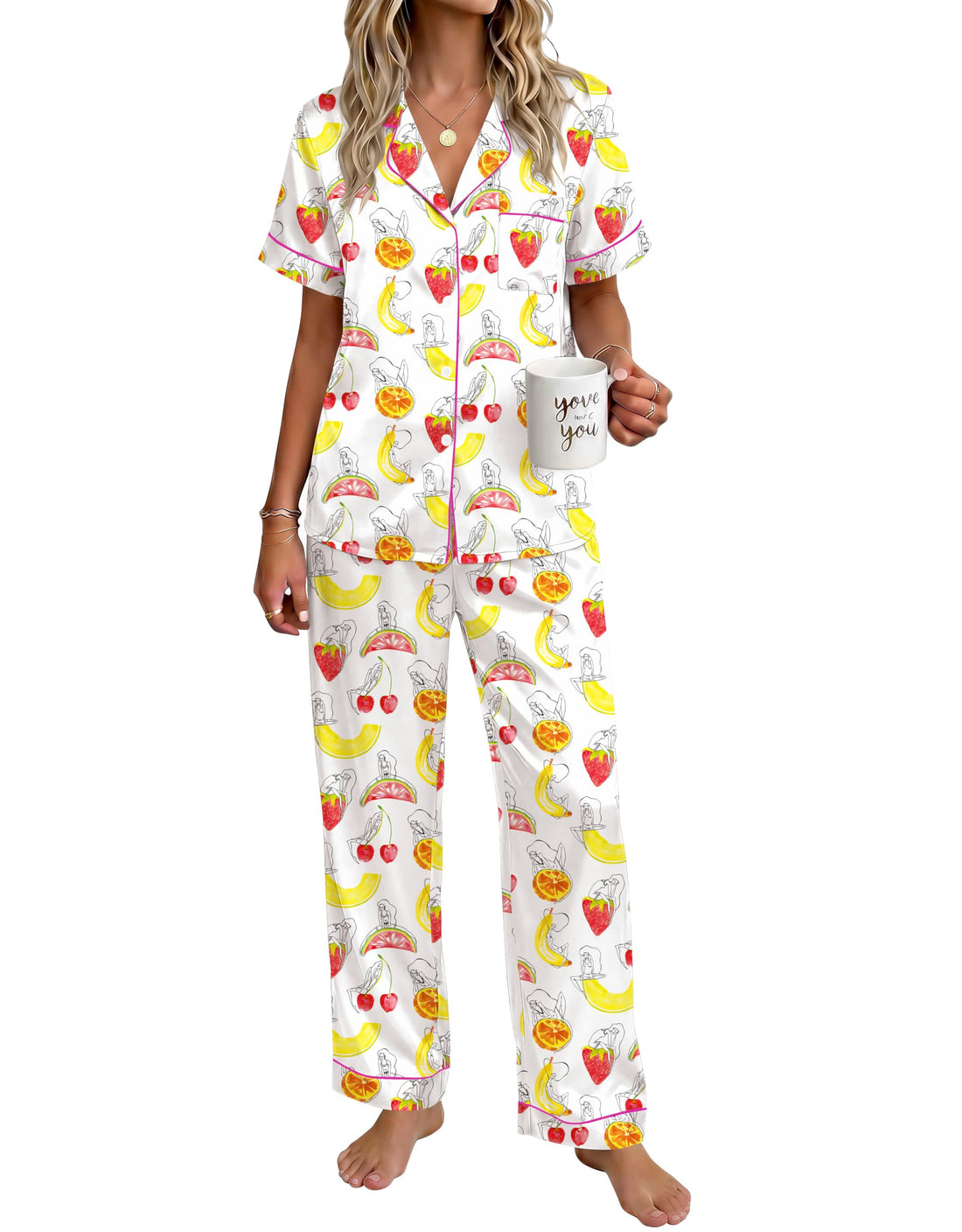 Ekouaer Womens Satin Pajama Set Silky Short Sleeve Button Down Pj Set