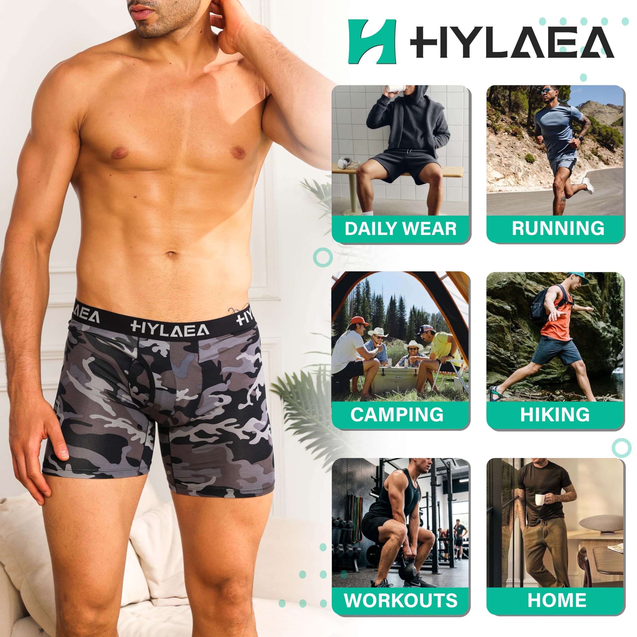 Hylaea Mens Bamboo Boxer Briefs, Breathable Moisture-Wicking Underwear | No Ride Up | 3D Pouch Support | Quick Dry | Anti-Odor | Tagless | Wide Waistband | Extended Leg Cut | Lightweight Fabric