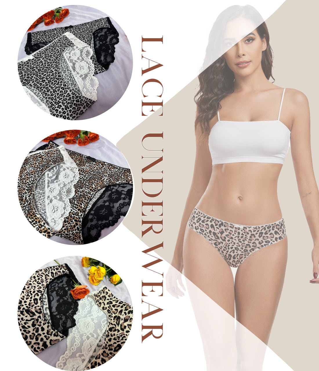 ANLIQI Leopard Print Women Underwear Lace Bikini Panties Pack Comfy Sex Hipster Soft Smooth Animal Print Brief for Ladies