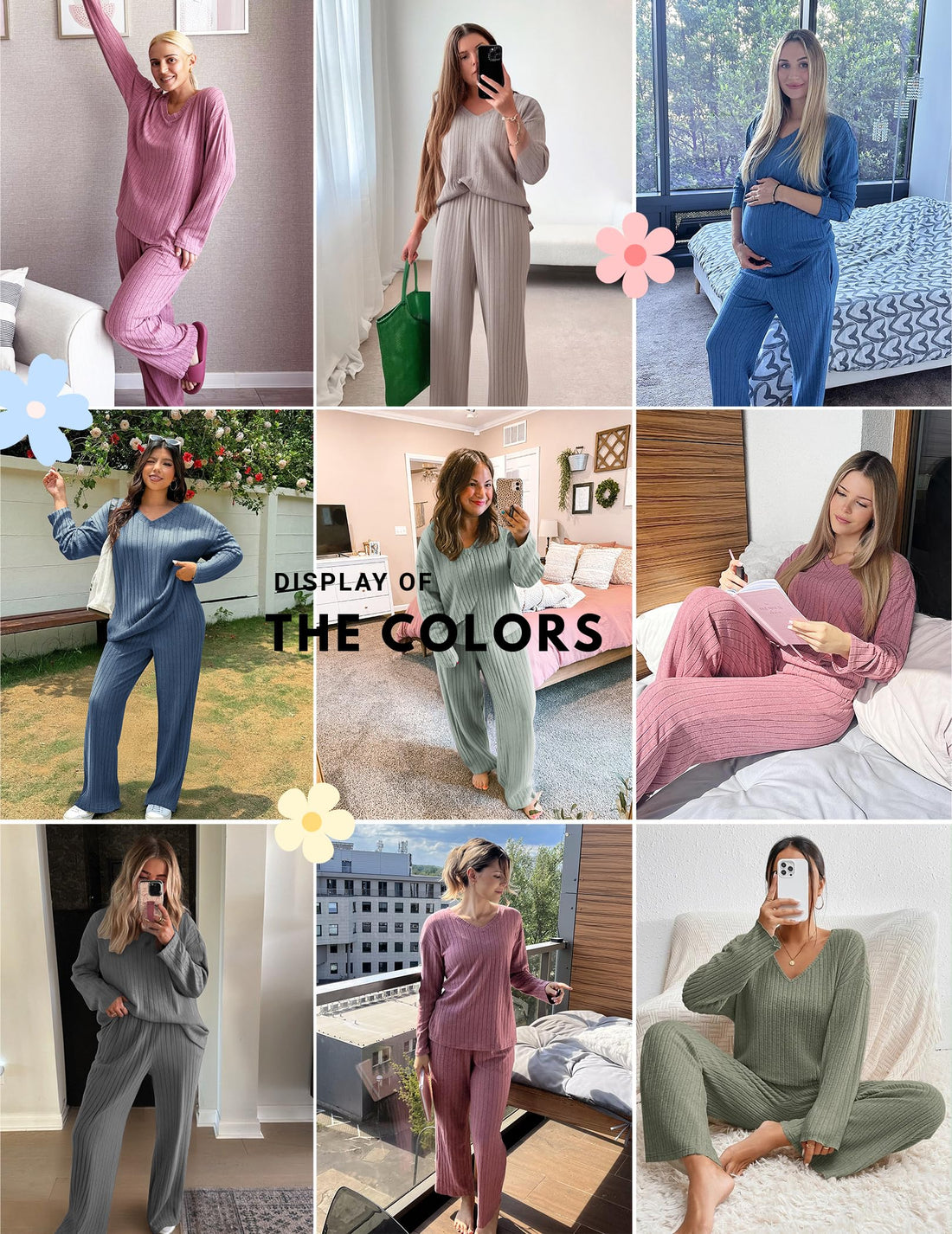 Ekouaer Lounge Sets for Women Long Sleeve Knit Ribbed Pajama Sets 2 Piece Casual Loungewear with Pockets