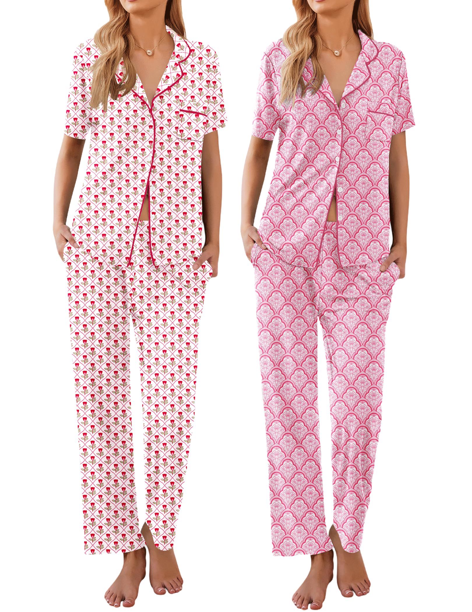 Ekouaer 2 Pack Womens Pajamas Sets Short Sleeve Pjs Button Up Sleepwear Set