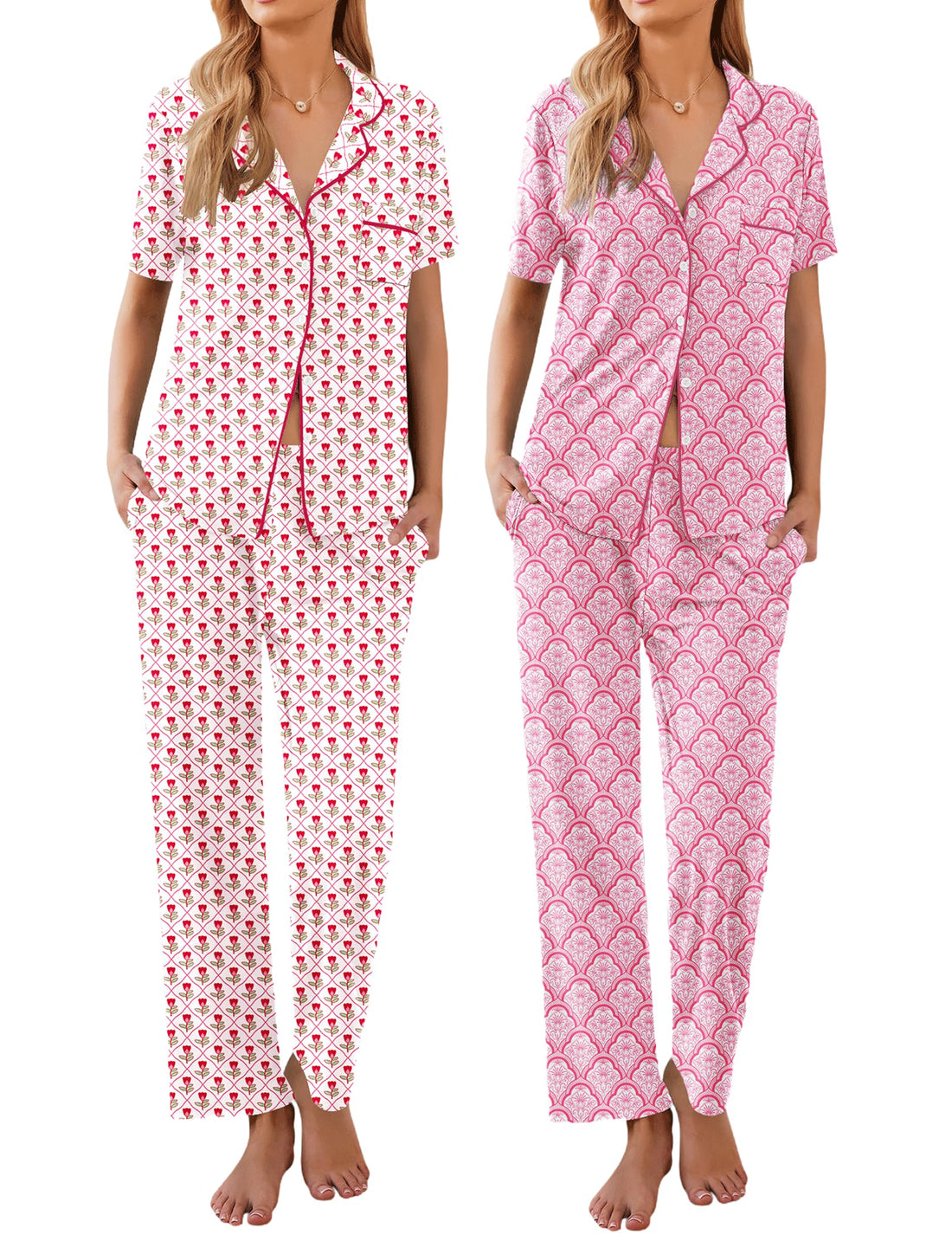 Ekouaer 2 Pack Womens Pajamas Sets Short Sleeve Pjs Button Up Sleepwear Set