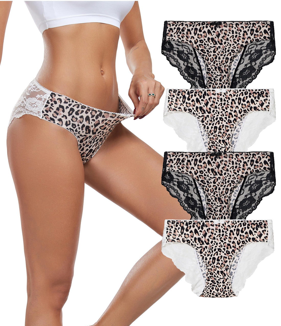 ANLIQI Leopard Print Women Underwear Lace Bikini Panties Pack Comfy Sex Hipster Soft Smooth Animal Print Brief for Ladies