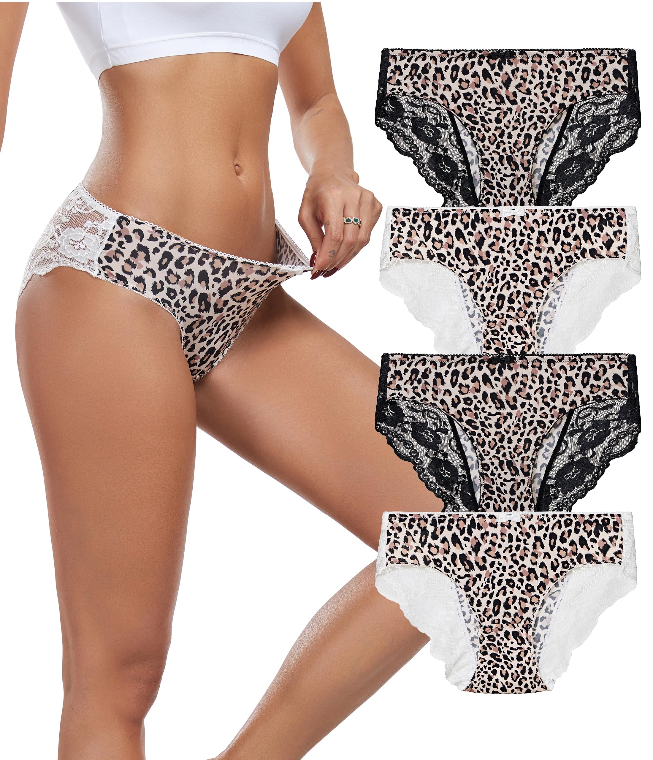 ANLIQI Leopard Print Women Underwear Lace Bikini Panties Pack Comfy Sex Hipster Soft Smooth Animal Print Brief for Ladies
