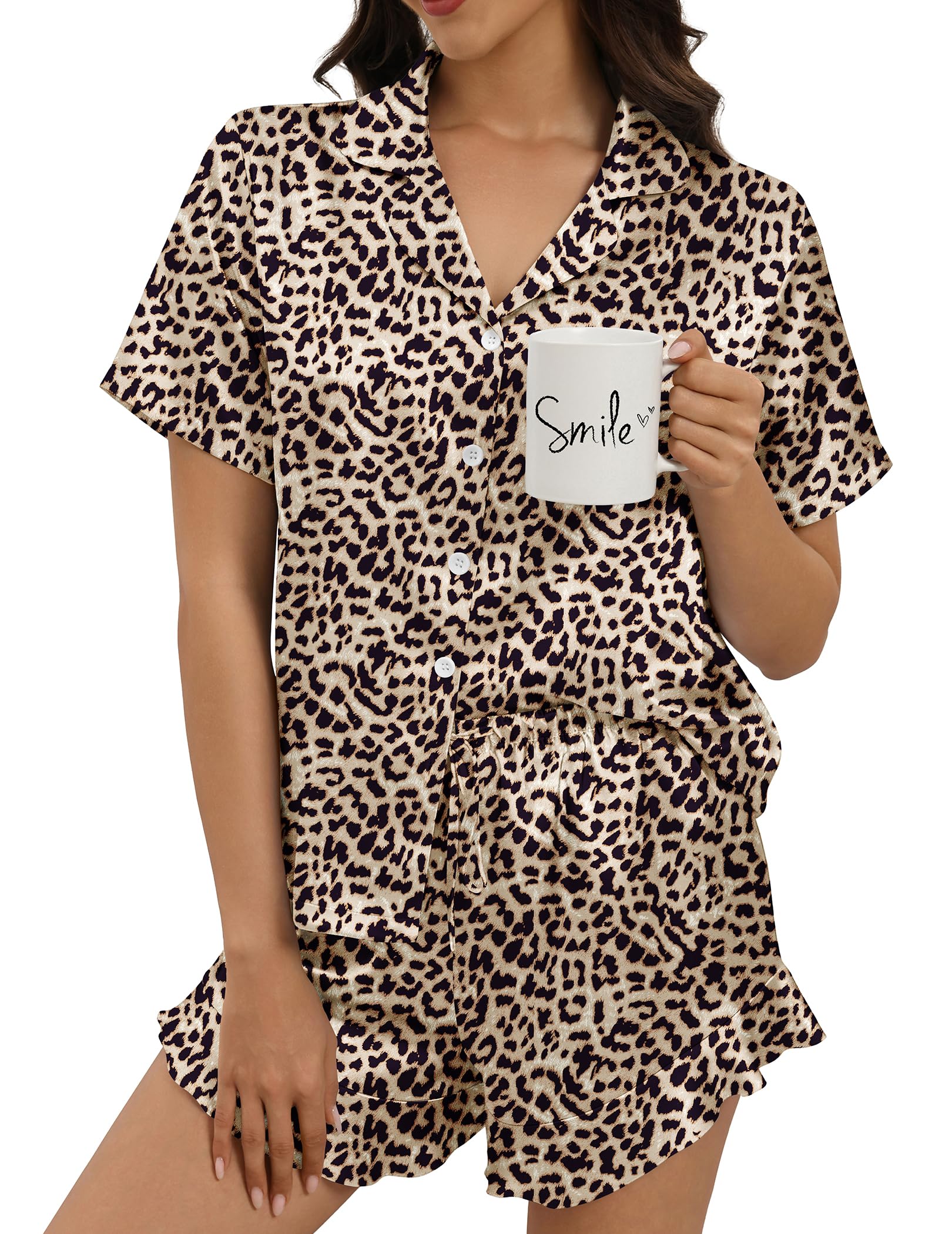 Silk Pajamas for Women Button Down 2 Piece Satin Pjs Shorts Set Ruffle Notch Collar Sleepwear Loungewear