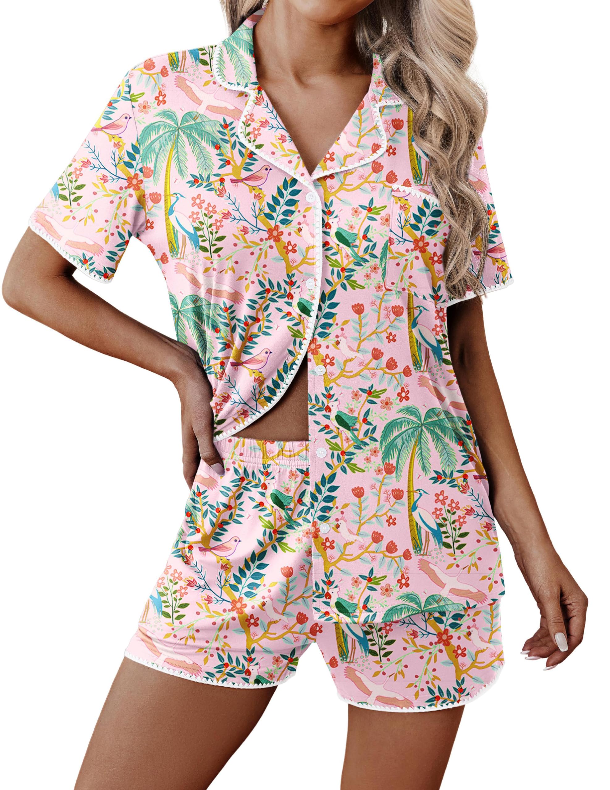 Ekouaer Pajamas for Women Set 2 Piece Soft Button Down Top and Shorts