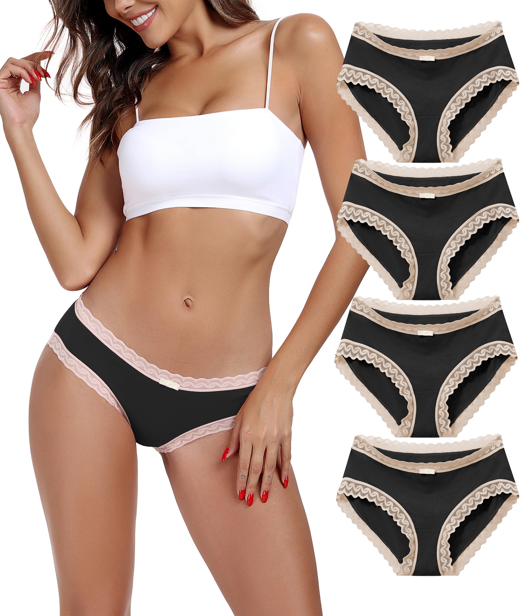 ANLIQI Womens Underwear Lace Trim Hipster Panties Pack Soft Moisture Wicking Cotton Bikini Briefs Cool Undies Underpants