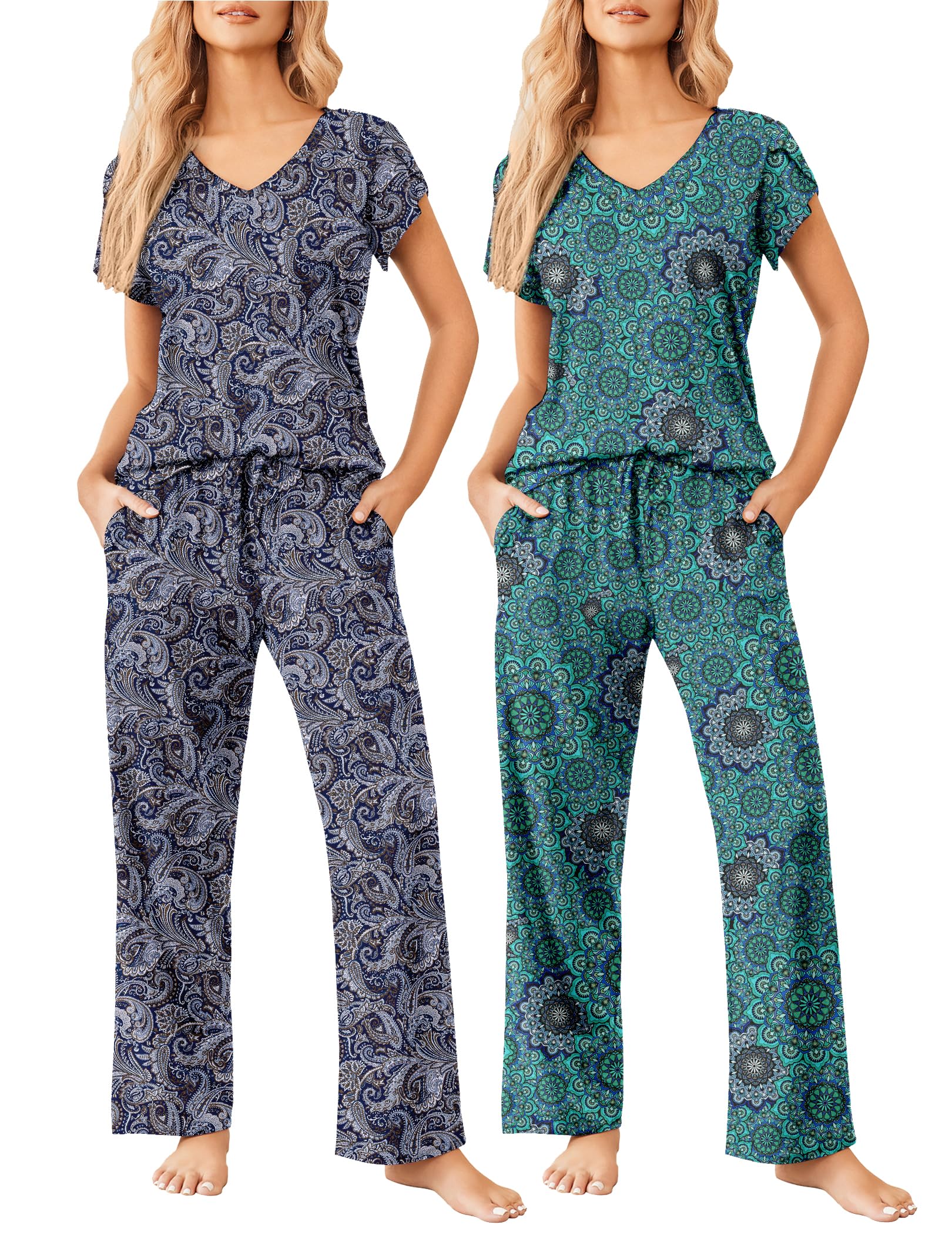 Ekouaer 2 Pack Womens Pajama Set Short Sleeve Sleepwear Soft Pjs Lounge Set