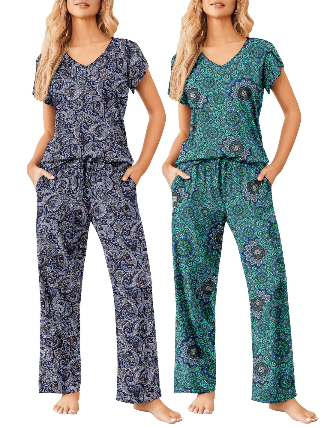Ekouaer 2 Pack Womens Pajama Set Short Sleeve Sleepwear Soft Pjs Lounge Set