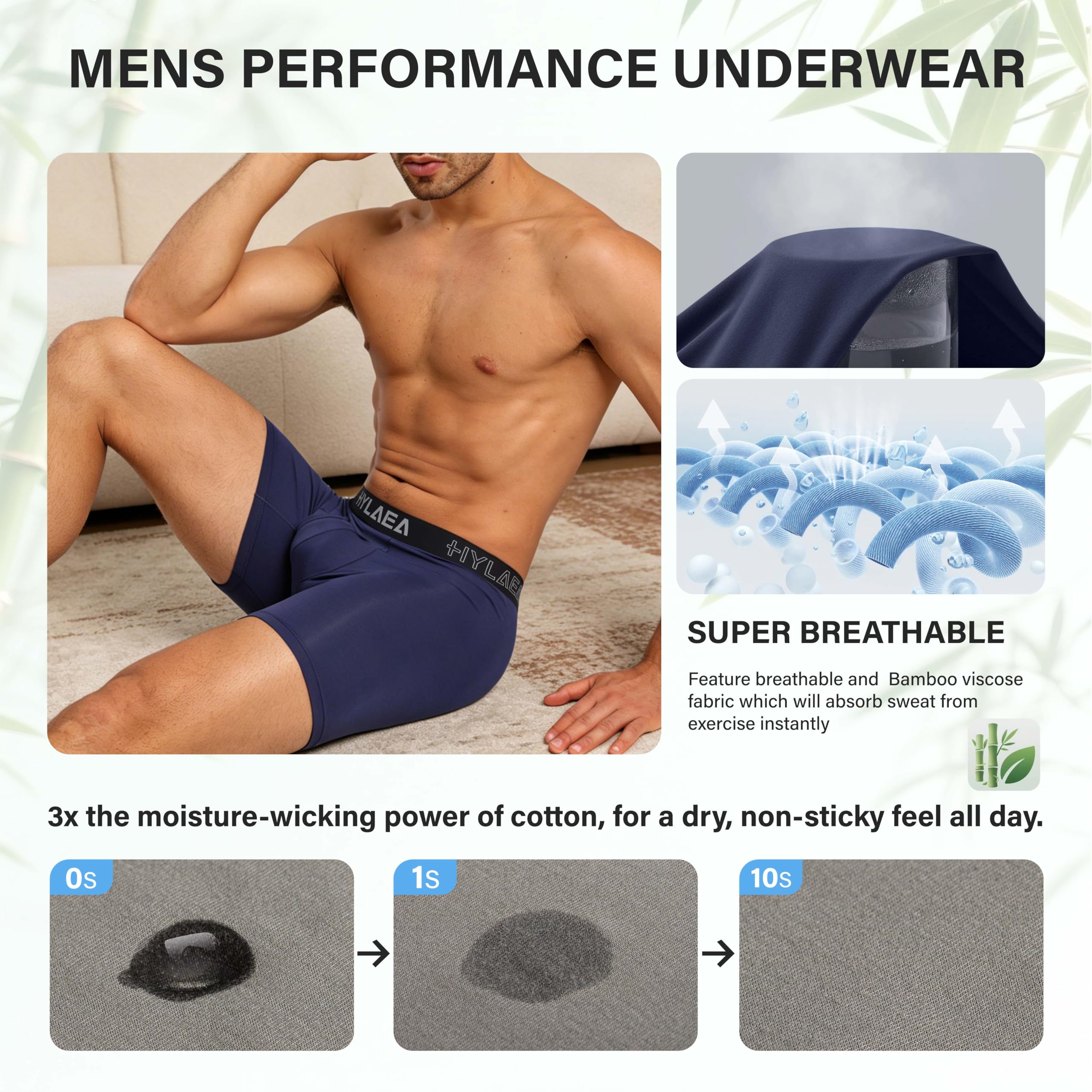 Hylaea Mens Bamboo Boxer Briefs, Breathable Moisture-Wicking Underwear | No Ride Up | 3D Pouch Support | Quick Dry | Anti-Odor | Tagless | Wide Waistband | Extended Leg Cut | Lightweight Fabric