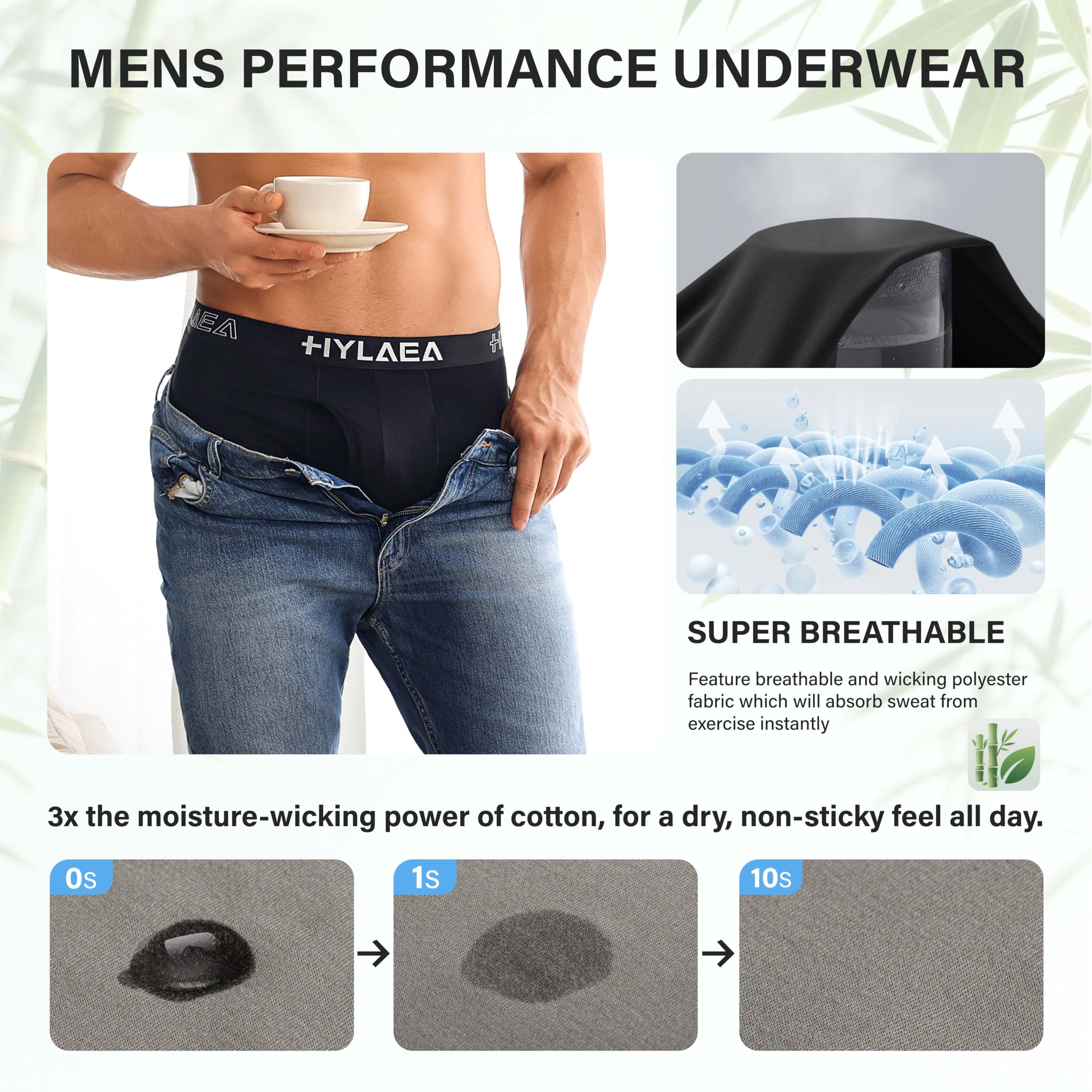 Hylaea Mens Bamboo Boxer Briefs, Breathable Moisture-Wicking Underwear | No Ride Up | 3D Pouch Support | Quick Dry | Anti-Odor | Tagless | Wide Waistband | Extended Leg Cut | Lightweight Fabric