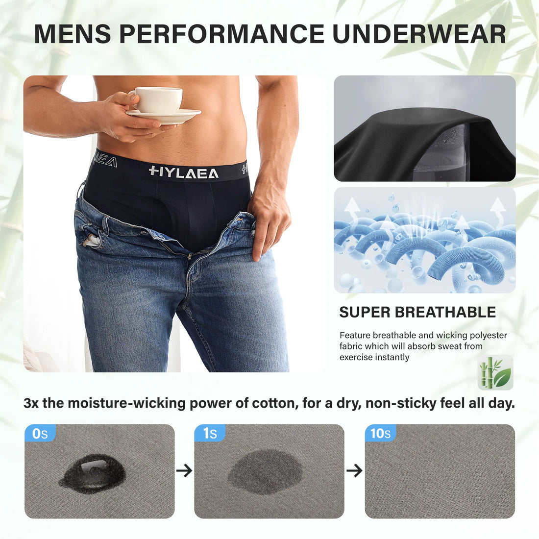 Hylaea Mens Bamboo Boxer Briefs, Breathable Moisture-Wicking Underwear | No Ride Up | 3D Pouch Support | Quick Dry | Anti-Odor | Tagless | Wide Waistband | Extended Leg Cut | Lightweight Fabric