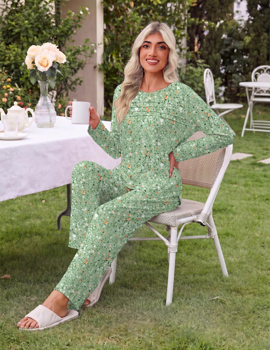 Ekouaer Womens Pajama Sets Pleated Tops with Long Sleeve Fall Lounge Set